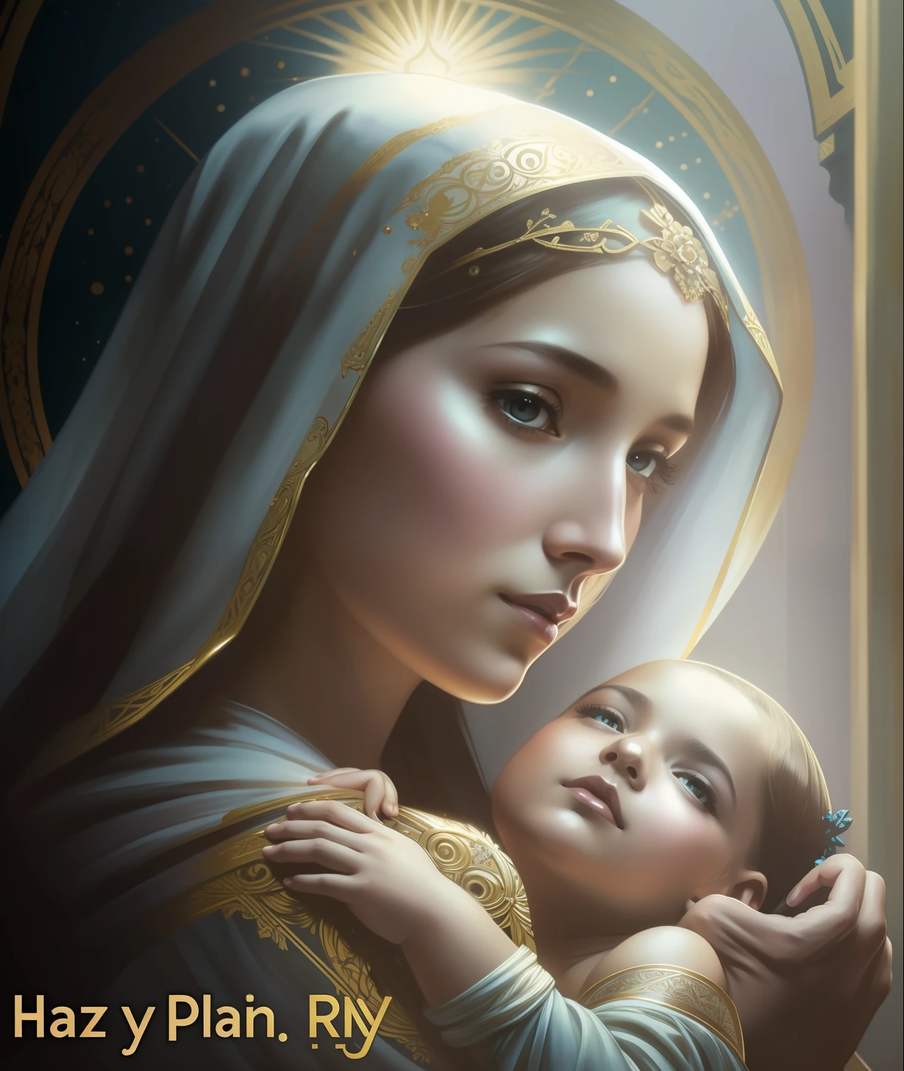 The Virgin Mary and jesus. MUJER CAUCASICA. 19 years old, DULCE Y LA INOCENTE MIRADA ANGELICAL, Alta calidad, obra maestra, rasgos faciales exquisitos, cabello exquisito, ojos exquisitos, cabello de color exquisito, calidad de imagen 4K, hermosa luz y sombra, efecto Tyndall, halo, cabello desordenado, estado joven, escena hermosa, ropa exquisita, cadenas, plumas, belleza antigua con ojos grandes muy detallados, pintura digital, artstation, arte conceptual, foco nítido, illustration, arte de greg rutkowski y alphonse mucha y victo ngai