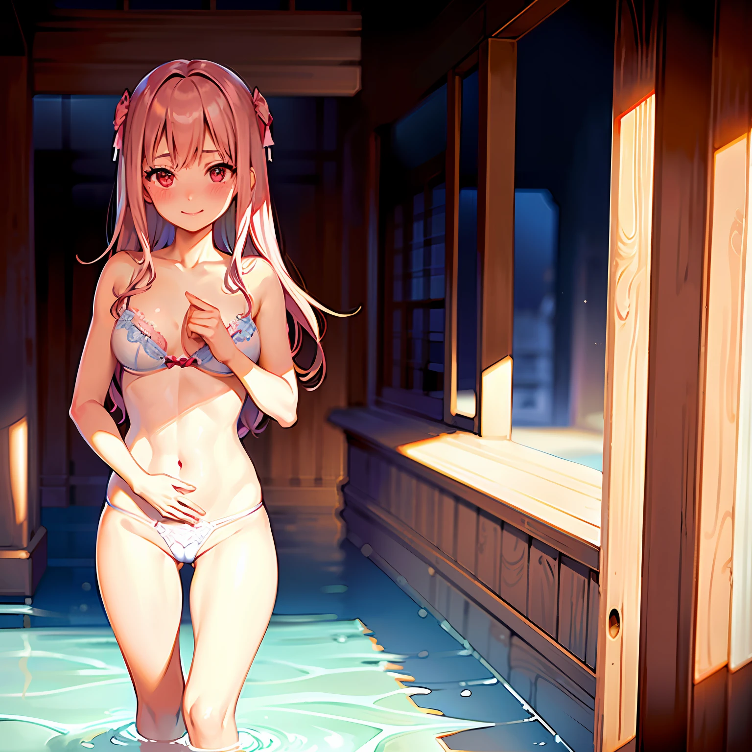 (Naked:1.3), (Lingerie transparent:1.4),(Clear bikini:1.4),(Blushing face:1.4), Smiling, Cowboy shot, ((G cup)),tit,Pink,Cock your ass,angle from behind,Pink Long Hair,spread thighs,florals, Bow knot, Blushlush,Playing in the water