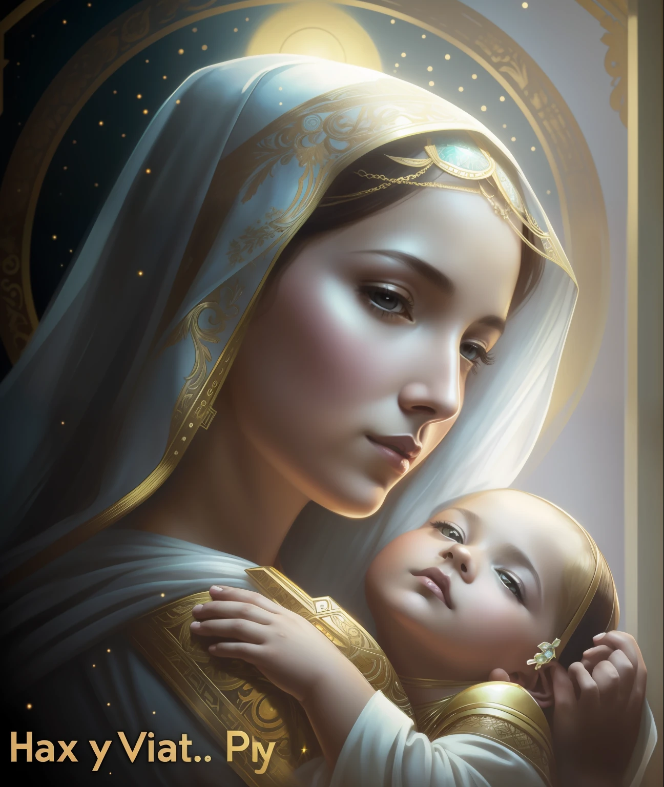 The Virgin Mary and jesus. MUJER CAUCASICA. 19 years old, DULCE Y LA INOCENTE MIRADA ANGELICAL, Alta calidad, obra maestra, rasgos faciales exquisitos, cabello exquisito, ojos exquisitos, cabello de color exquisito, calidad de imagen 4K, hermosa luz y sombra, efecto Tyndall, halo, cabello desordenado, estado joven, escena hermosa, ropa exquisita, cadenas, plumas, belleza antigua con ojos grandes muy detallados, pintura digital, artstation, arte conceptual, foco nítido, illustration, arte de greg rutkowski y alphonse mucha y victo ngai