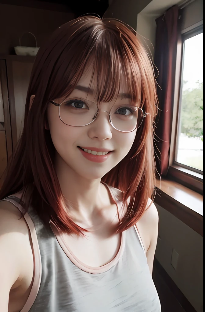 1girl, star eye, blush, perfect lighting, red hair, red eyes, Detailed face, bangs, inside a house, realist, smiling, camera raw, half body photo, masterpiece, best quality, 4k, high quality, wearing glasses, Gym clothes, tied hair