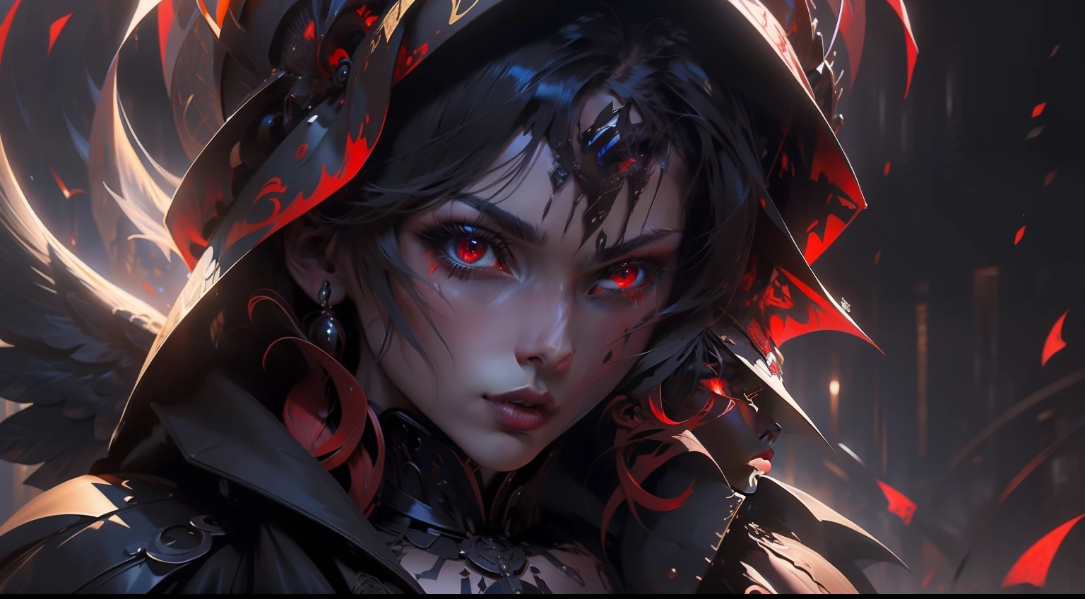 Dark race、Illustration details of beautiful bloods、Premium image quality、Highlight effect、night、opulent、A unique face、red color eyes、cabelos preto e longos、Wide black wings、a sense of mystery、Dark atmosphere