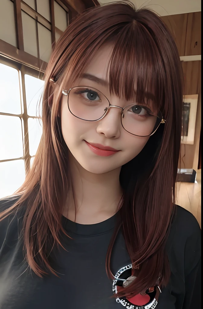 1girl, star eye, blush, perfect lighting, red hair, red eyes, Detailed face, bangs, inside a house, realist, smiling, camera raw, half body photo, masterpiece, best quality, 4k, high quality, wearing glasses, Gym clothes, tied hair