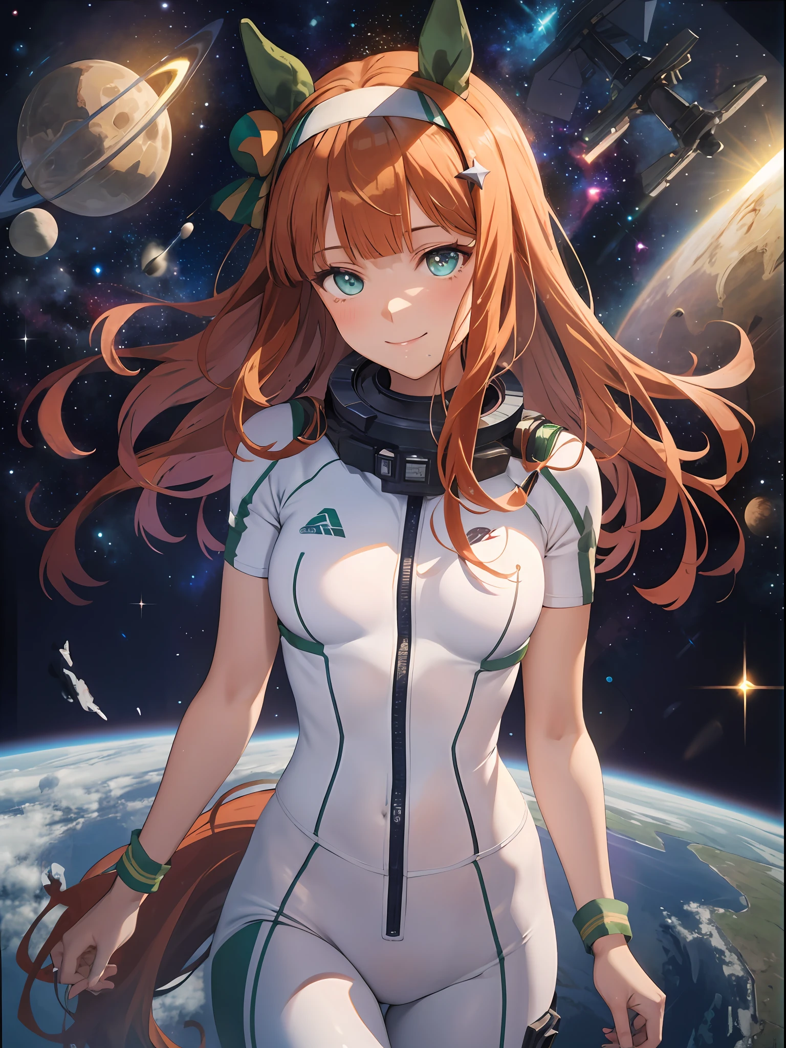topquality, Horse Girl, Quiet Suzuka, ((Uma Musume))), Perfect skin, realisic skin, Detail Skin, 8K, (Breasts are small:1.4)Cosmanafta costume, (pours in the air), The girl looks at us, ssmile, joying, brown hair, hairlong, Cyan eyes, horse ears, horse's tail on the lower back, it's hard to breathe, spacesuit, outer space, Earth in space, The Sun in Space, light reflection, Stars