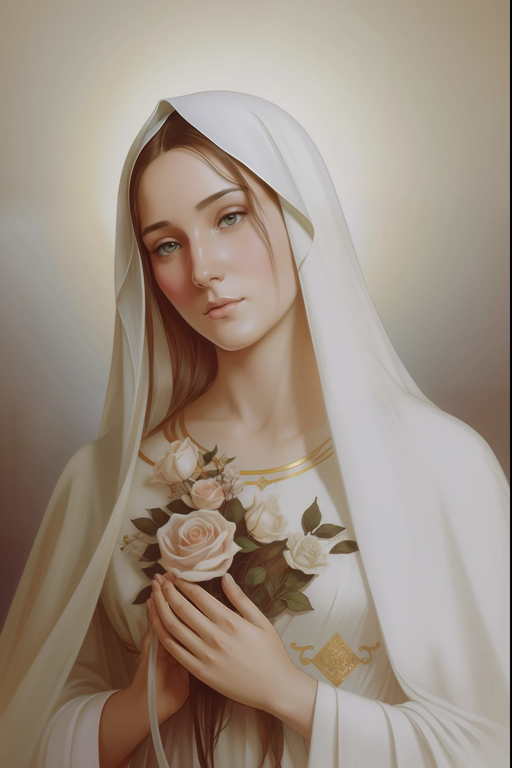 The Virgin Mary. MUJER CAUCASICA. 19 years old, DULCE Y LA INOCENTE MIRADA ANGELICAL, Alta calidad, obra maestra, rasgos faciales exquisitos, cabello exquisito, ojos exquisitos, cabello de color exquisito, calidad de imagen 4K, hermosa luz y sombra, efecto Tyndall, halo, cabello desordenado, estado joven, escena hermosa, ropa exquisita, cadenas, plumas, belleza antigua con ojos grandes muy detallados, pintura digital, artstation, arte conceptual, foco nítido, illustration, arte de greg rutkowski y alphonse mucha y victo ngai