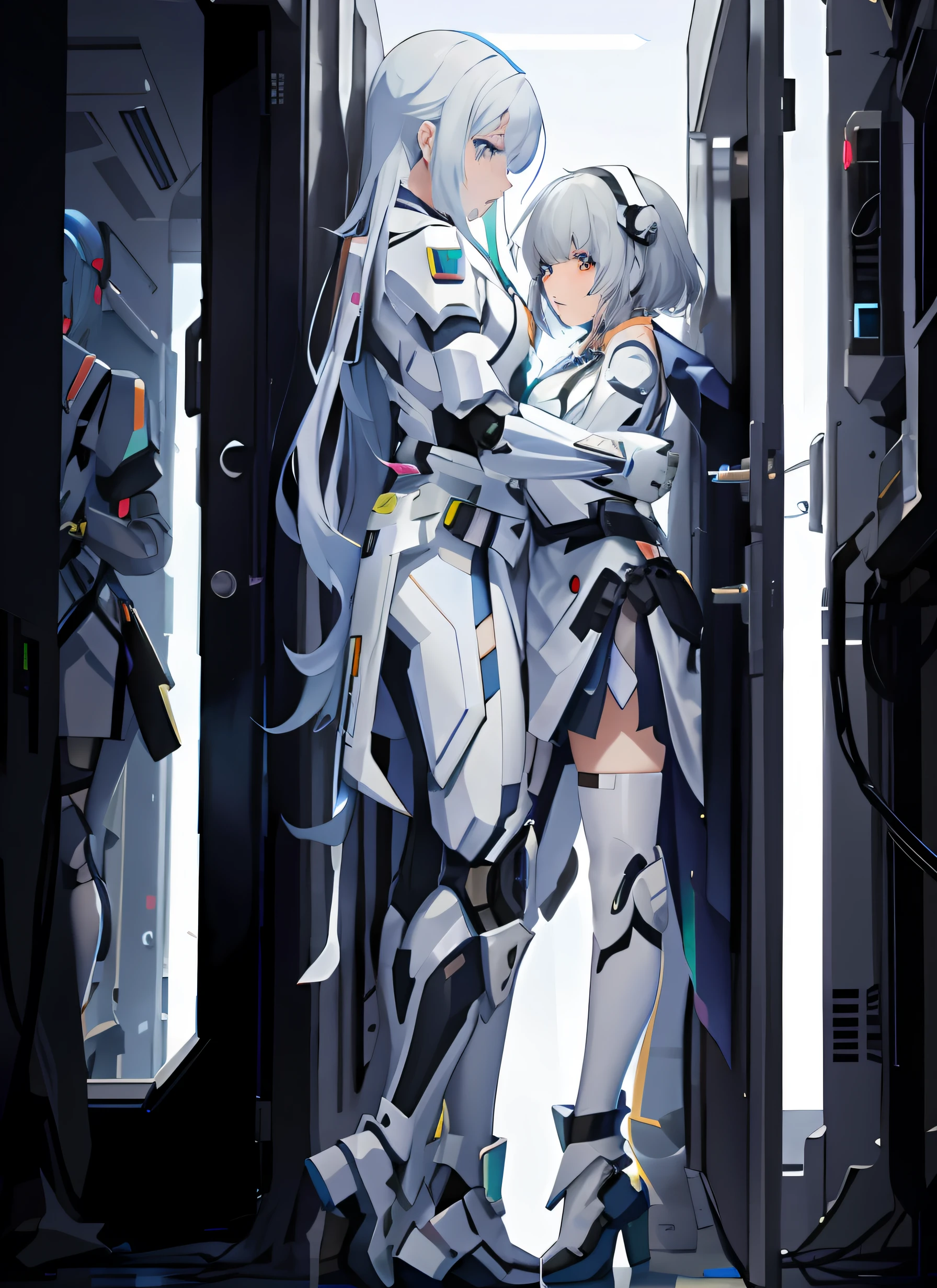 Anime characters in front of a hallway with an open door, cyberpunk anime girl mech, Digital cyberpunk anime mecha aesthetic, in white futuristic armor, girl in mecha cyber armor,The two white-haired girls looked at each other affectionately。。。。