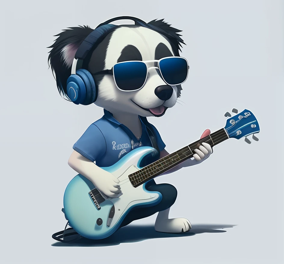 a close up of a dog with headphones playing a guitar, rocking out, jamming to music, bassist, guitar solo, he is a rockstar, extremely high quality artwork, profile pic, heavy blues rock, furry artist, guitarist, koala playing a guitar, high quality artwork, bass music, cute artwork, avatar image, looking heckin cool and stylish, avatar for website with light pink shirt, headphones and guitar