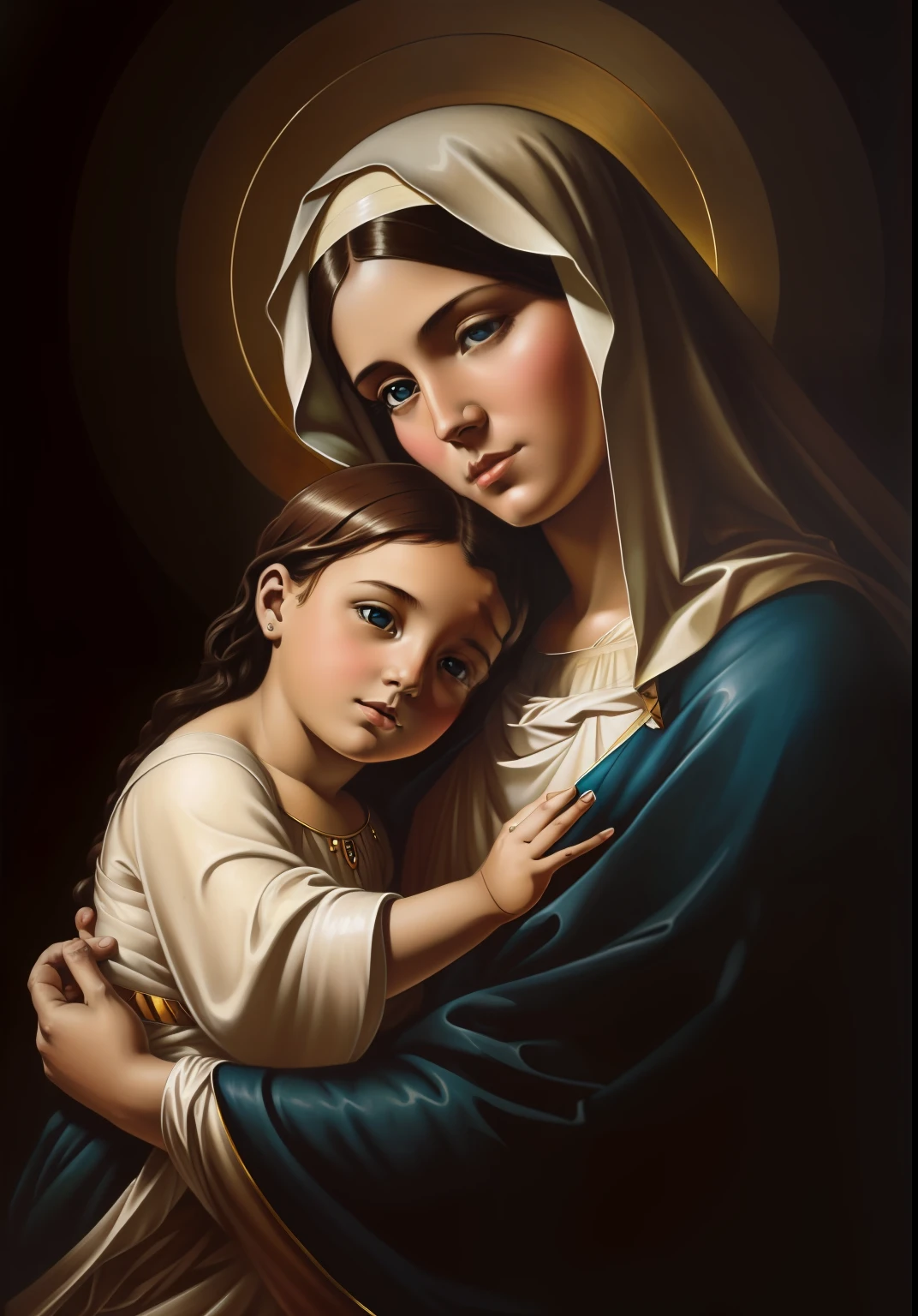 The Virgin Mary AND CHILD JESUS. MUJER CAUCASICA. 19 years old, DULCE Y LA INOCENTE MIRADA ANGELICAL, Alta calidad, obra maestra, rasgos faciales exquisitos, cabello exquisito, ojos exquisitos, cabello de color exquisito, calidad de imagen 4K, hermosa luz y sombra, efecto Tyndall, halo, cabello desordenado, estado joven, escena hermosa, ropa exquisita, cadenas, plumas, belleza antigua con ojos grandes muy detallados, pintura digital, artstation, arte conceptual, foco nítido, illustration, arte de greg rutkowski y alphonse mucha y victo ngai