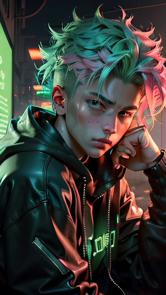 ultra detail, high resolution, ultra-detailed, best quality, amazing, top quality, extremely detailed CG 8k wallpaper unit, cinematic lighting, cyberpunk, dark boy, green clothing, green hoodie, neon berde, Neon-pink hair, dyed hair, Cuban, 1boy, attractive, cute, cybernetic_arm, latin American, Charachter_portrain