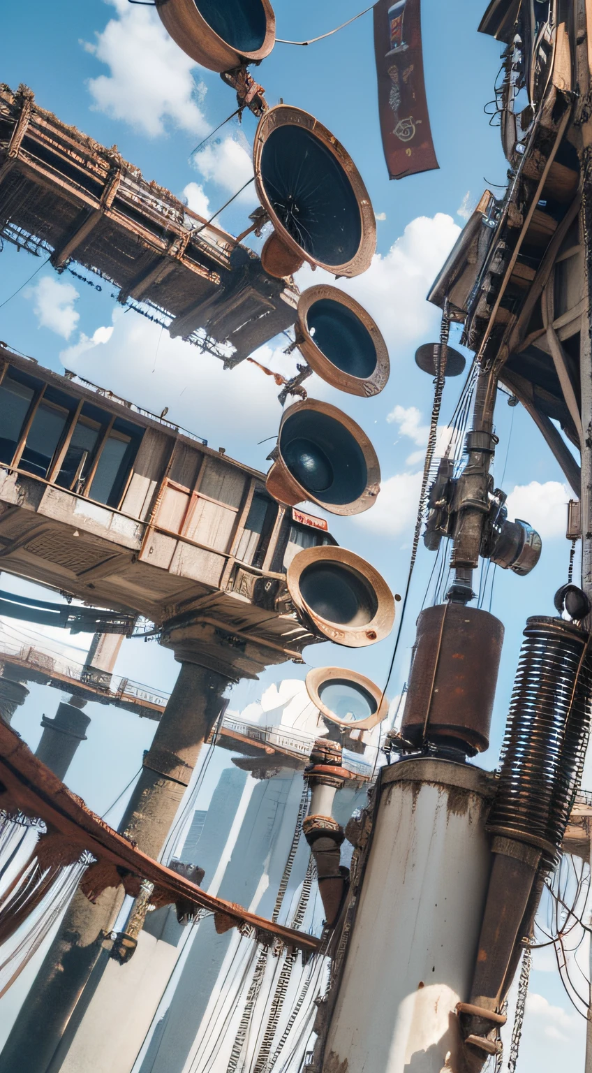 a heavily distorted, fading late morning clear sky, a singular object comprised of contorted feathers/machinery/pipes/rusted components is floating in the air, steel strings weave into each other, extra detail, 4kHD details, best resolution, surrealistic composition, extreme camera angle, motion blur, depth of field, foreshortening, tilted camera angle, cinematic lighting, movie scene, lens flare, fisheye lens perspective view