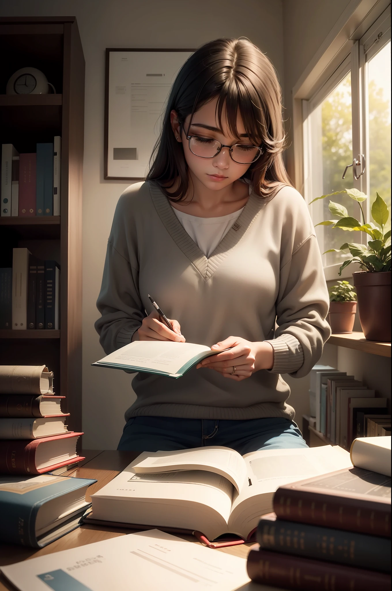 An inspiring scene of someone learning something new. The person is sitting at a table, com livros, cadernos e materiais de estudo ao seu redor, demonstrating dedication and interest in the learning process.

The lighting is clear and stimulating, creating an environment conducive to concentration and intellectual growth. Ao fundo, You can see shelves with other study materials and references, suggesting a continuous search for knowledge.

The person's expression is one of curiosity and focus, demonstrando o entusiasmo em aprender algo novo. Your hands are busy, escrevendo ou interagindo com os materiais de estudo, refletindo o envolvimento ativo na jornada de aprendizado.

The scene conveys a sense of personal growth and intellectual enrichment. The environment is filled with an atmosphere of discovery and learning, inviting the observer to feel inspired and motivated to learn something new as well.

The image is represented in a photographic style, using a professional camera with 50mm lens to capture the sharpness of the details of the study materials and the expression of the person learning. The photo is carefully framed, highlighting the person's commitment and dedication in their learning journey.

This representation of learning something new conveys the importance of knowledge as a tool for personal and professional growth. The scene emphasizes the appreciation of continuous learning and the search for new knowledge as a way to expand horizons and enrich life. The person in the scene serves as an inspiring example of how learning can be a rewarding and transformative experience.