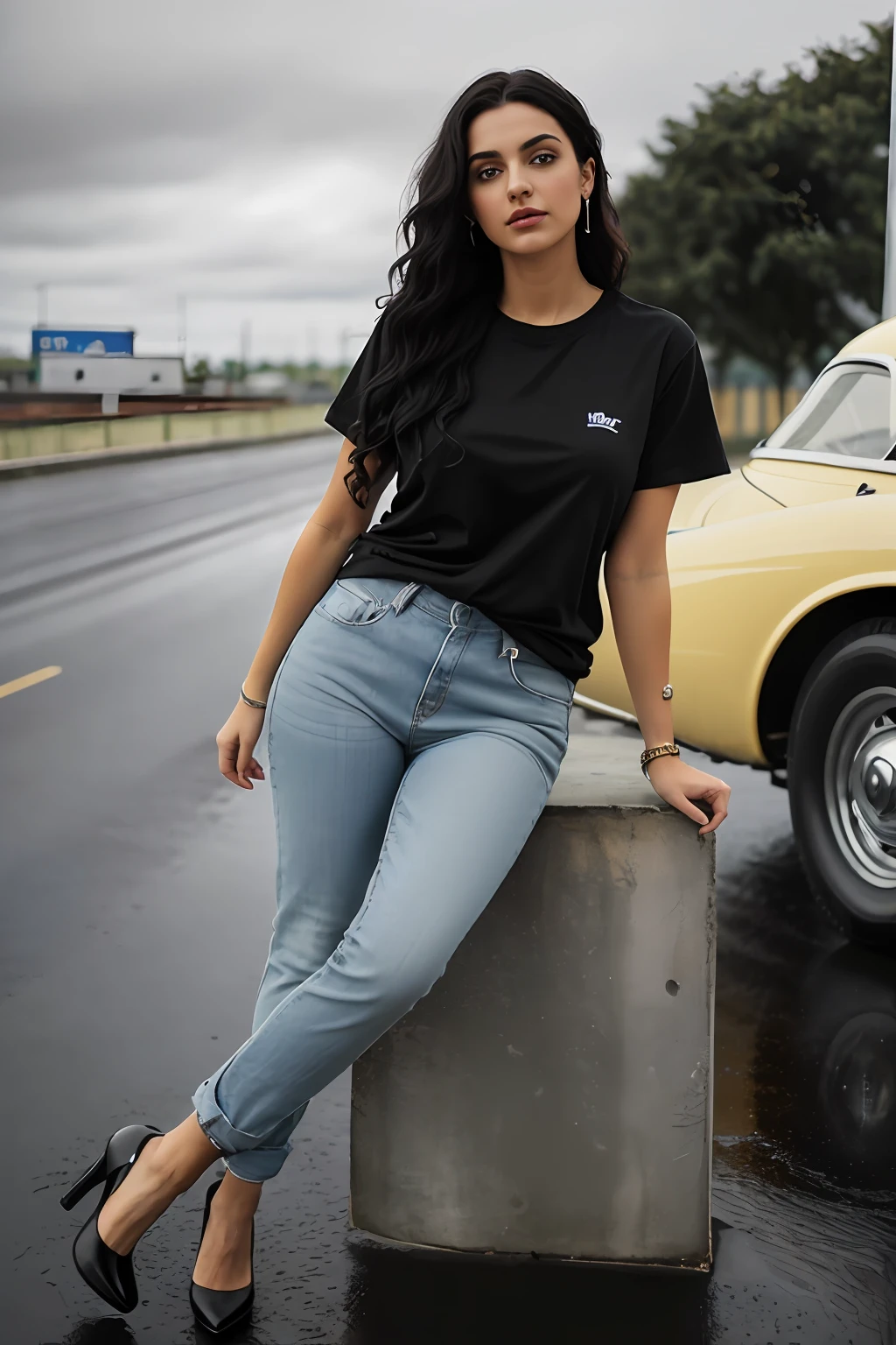 ((Best Quality, 8k, Masterpiece:1.3)), Focus: 1.2, Perfect Body Beauty: 1.4, Arabian 27 years old woman: 1.2, ((Black curly Hair)), (Steel gray plain round neck regular fit basic tee-shirt:1.1), no print on Teeshirt, basic full body length regular fitting tee-shirt, Dark grey skinny jeans, long jeans: 1.1, short sleeves black regular tee-shirt, Highly detailed face and skin texture, Detailed eyes, Double eyelids, toned body, Whitened skin, serious mood, large toned breasts, toned firm legs, high heel's, whitened skin, detailed black eyes, black wavy hairstyle, detailed face, middle eastern woman, baggy medium size basic tee-shirt, simple plain Baggy Tee-shirt, toned firm hips, 8K UHD, black anklet, model looks, apocalypse city, rainy weather, dark clouds, silver wrist watch, bracelet, bangle's, open legs style Posing, old gas station, sitting on a old wooden chair, high heels, detailed beautiful feets, detailed feets fingers and shape, dusty sunny weather, old petrol pump, rainy atmosphere, wet roads, model shoot style, she's standing front of Volvo P1800, full car visible in image, blue cloudy sky