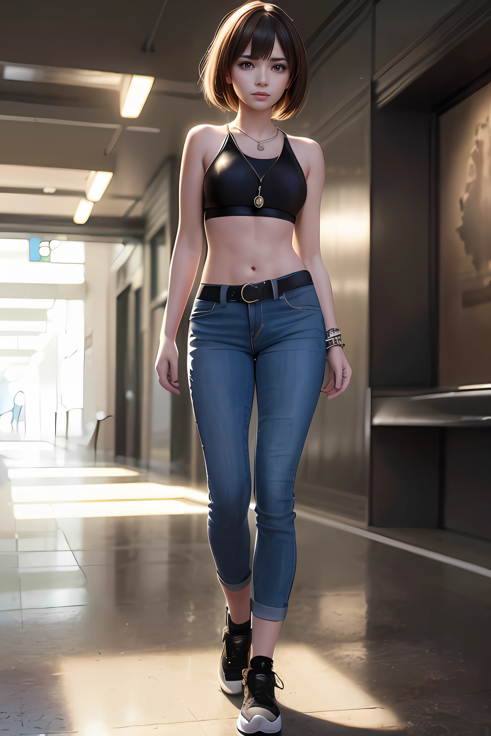 ((Best quality)), ((Masterpiece)), (Detailed:1.4), 3D, images of beautiful cyberpunk women,hdr (HighDynamicRange),Ray tracing,NVIDIA RTX,Hyper-Resolution,Unreal 5,Subsurface scattering,PBR Texture,Post-processing,Anisotropic filtering,depth of fields,Maximum clarity and sharpness,Multi-layered textures,Albedo and specular maps,Surface Coloring,Accurate simulation of light-material interaction,Perfect proportions,rendering by octane,Two-tone lighting,Wide aperture,Low ISO,White balance,Rule of thirds,8K raw data,(（middlebreast，Tomboyish，small heads）），rays of sunshine，rays of sunshine，（Well-defined abs：1.1），（perfect bodies：1.1），（Short wave hair：1.2），auburn hair，neckwear，chain，Full body photo，crowding street，wearing a black tank top，jean jacket，（（shorter pants）），（极其细致的CG 8k壁纸），（Extremely refined and beautiful），（tmasterpiece），（best qualtiy：1.0），（超A high resolution：1.0），beautiful light up，perfect lightning bolt，realistic shaded，[A high resolution]，Delicate skin，ultra - detailed