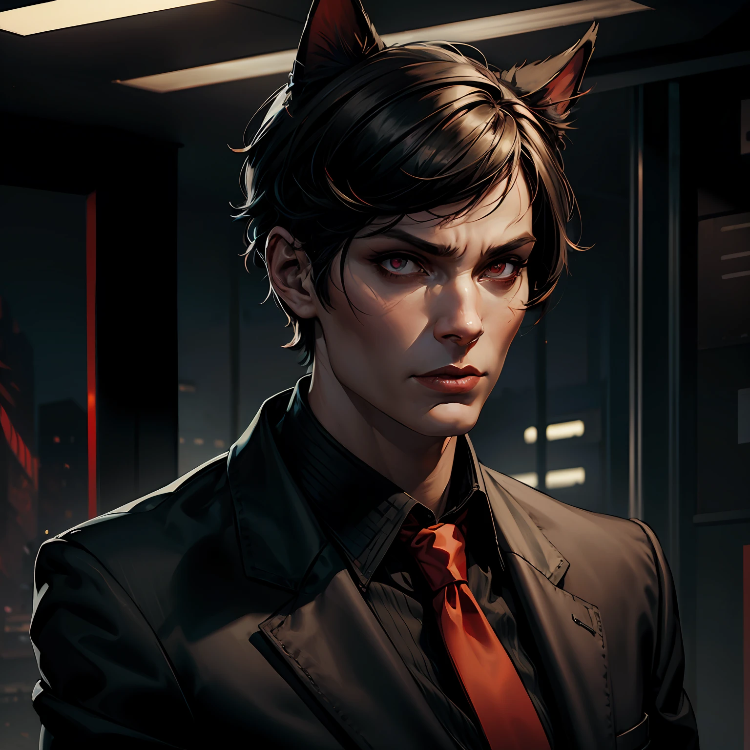 portraite of a, business suit, Brutal man, cat ears, ciberpunk, red-eyes, black short hair, thin cheekbones, Prostheses, 35 years old, ember, traces of implants on the cheekbones