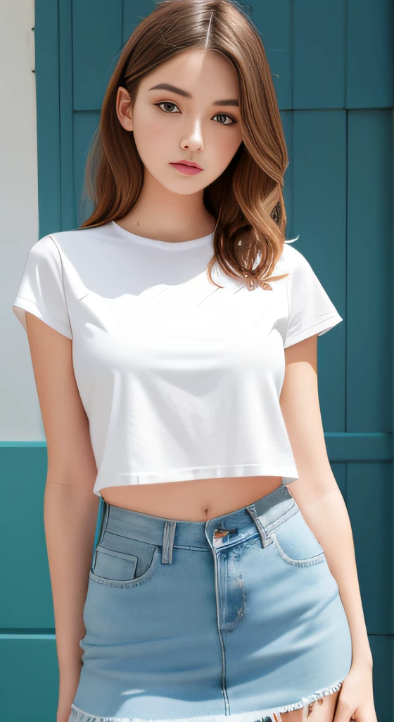Best quality, full body portrait, delicate face, 18 year old girl, slim figure, small bust, white crop top T-shirt, waist pink denim skirt, gymnasium scene, standing tall