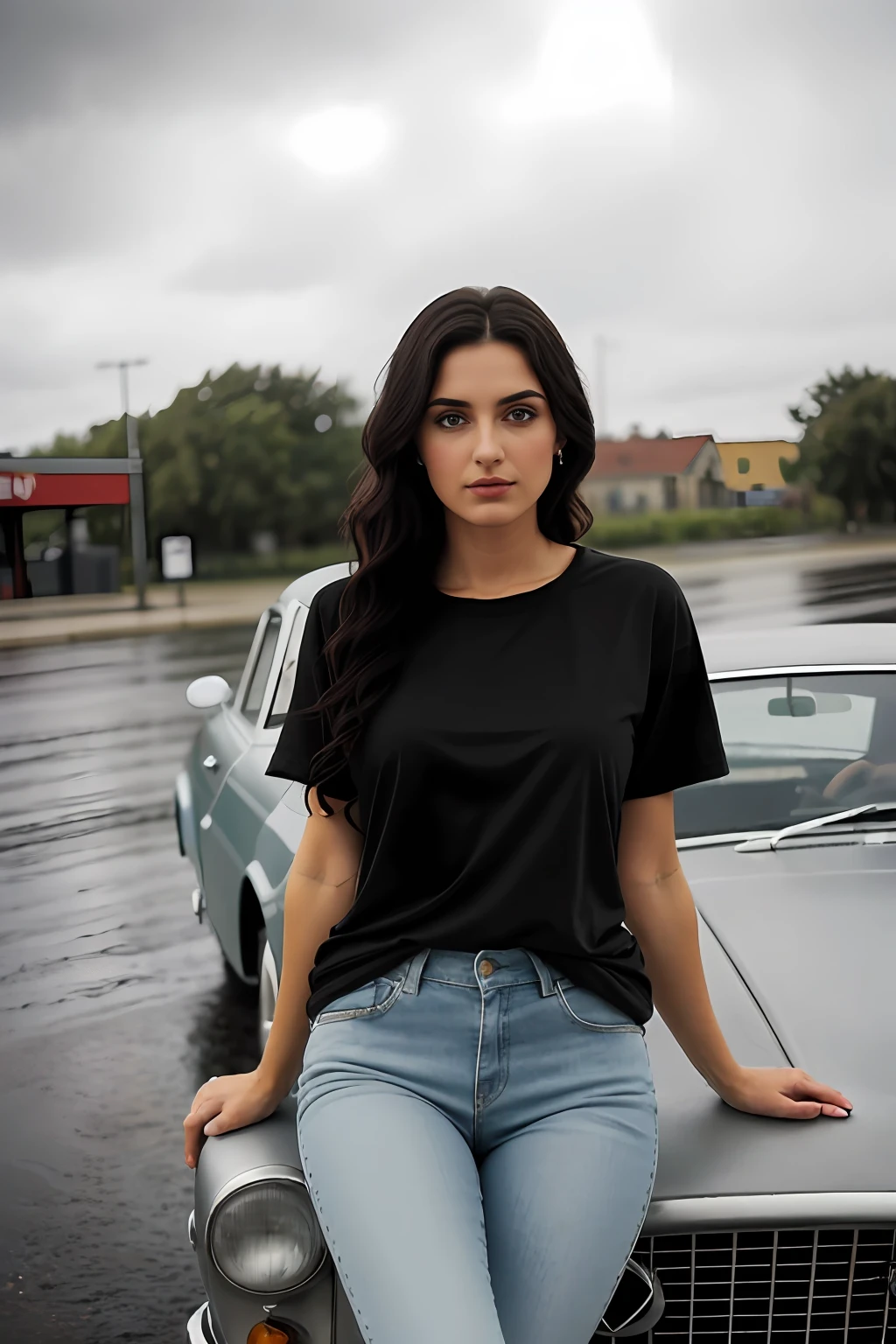 ((Best Quality, 8k, Masterpiece:1.3)), Focus: 1.2, Perfect Body Beauty: 1.4, Arabian 27 years old woman: 1.2, ((Black curly Hair)), (Steel gray plain round neck regular fit basic tee-shirt:1.1), no print on Teeshirt, basic full body length regular fitting tee-shirt, Dark grey skinny jeans, long jeans: 1.1, short sleeves black regular tee-shirt, Highly detailed face and skin texture, Detailed eyes, Double eyelids, toned body, Whitened skin, serious mood, large toned breasts, toned firm legs, high heel's, whitened skin, detailed black eyes, black wavy hairstyle, detailed face, middle eastern woman, baggy medium size basic tee-shirt, simple plain Baggy Tee-shirt, toned firm hips, 8K UHD, black anklet, model looks, apocalypse city, rainy weather, dark clouds, silver wrist watch, bracelet, bangle's, open legs style Posing, old gas station, sitting on a old wooden chair, high heels, detailed beautiful feets, detailed feets fingers and shape, dusty sunny weather, old petrol pump, rainy atmosphere, wet roads, model shoot style, she's standing front of Volvo P1800, full car visible in image, blue cloudy sky