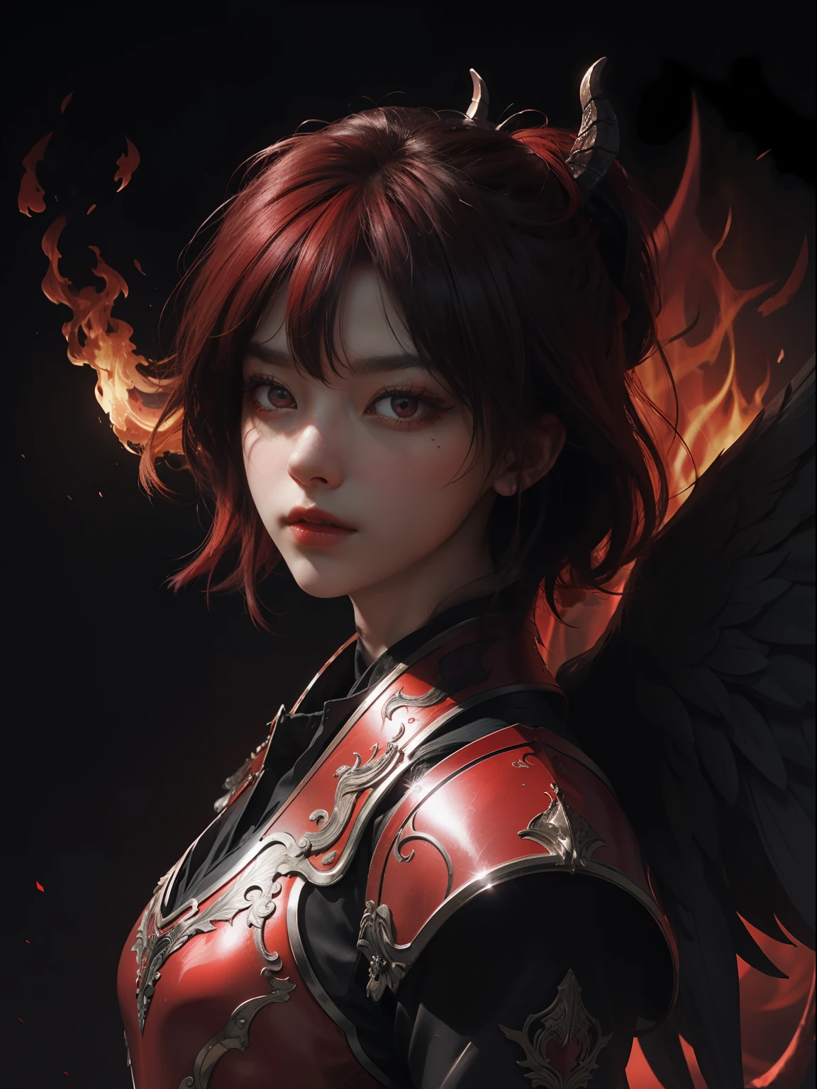 (highly detailed CG unity 8k wallpaper, masterpiece, best quality, highly detailed, beautiful eye detail: 1.2), best illumination, (best shadows, red background and dark aura, very smooth and beautiful blooms), 1gril, solo , red eyes, flaming red heavy armor, short red hair , wields red sword, dark red aura, Angel's wings, black wings with red glow, red jewels, (big wings: 1.4), Film filter, Demon, Hellfire, body full, demon, fire,