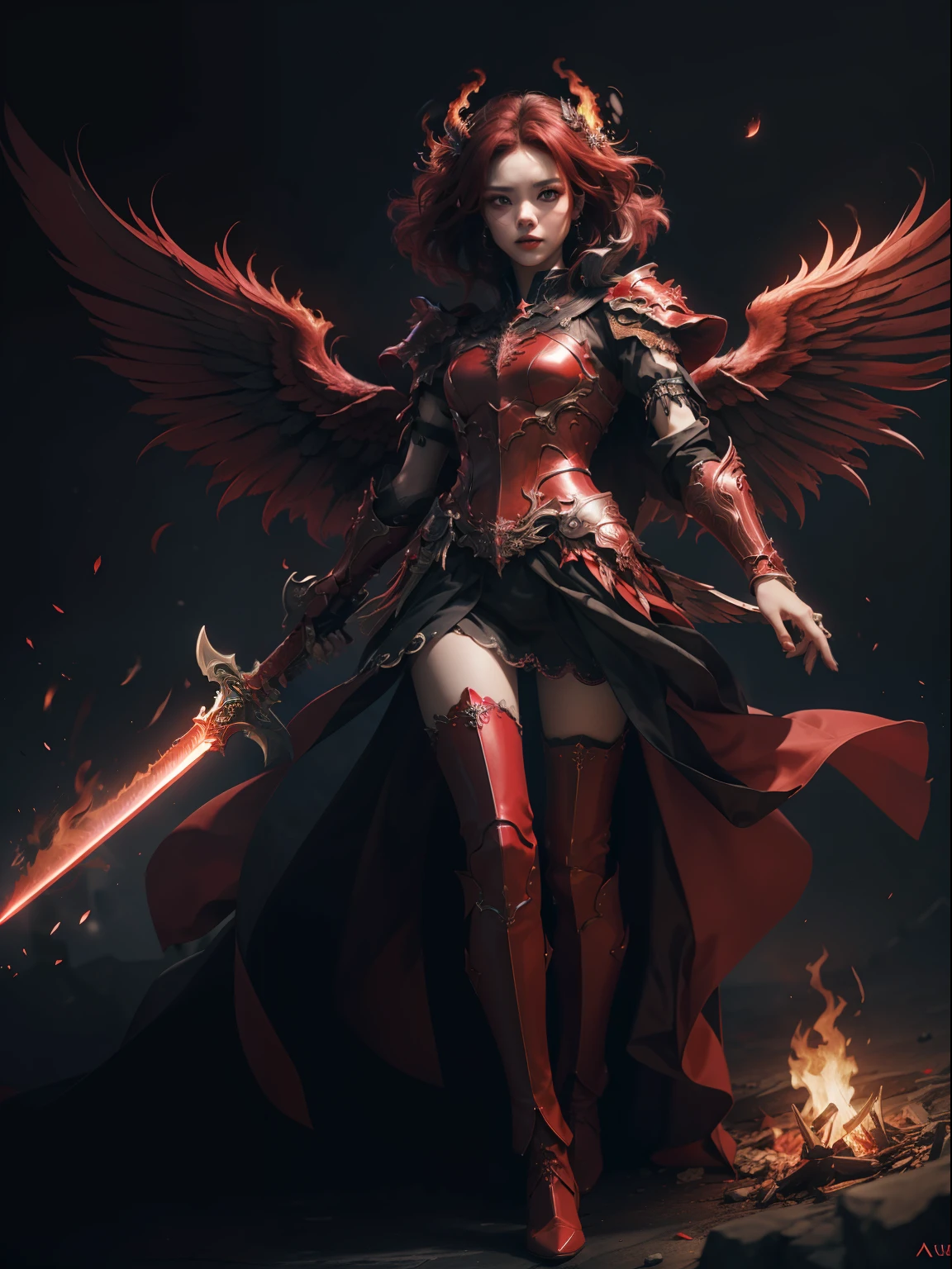 (highly detailed CG unity 8k wallpaper, masterpiece, best quality, highly detailed, beautiful eye detail: 1.2), best illumination, (best shadows, red background and dark aura, very smooth and beautiful blooms), 1gril, solo , red eyes, flaming red heavy armor, short red hair , wields red sword, dark red aura, Angel's wings, black wings with red glow, red jewels, (big wings: 1.4), Film filter, Demon, Hellfire, body full, demon, fire,full body