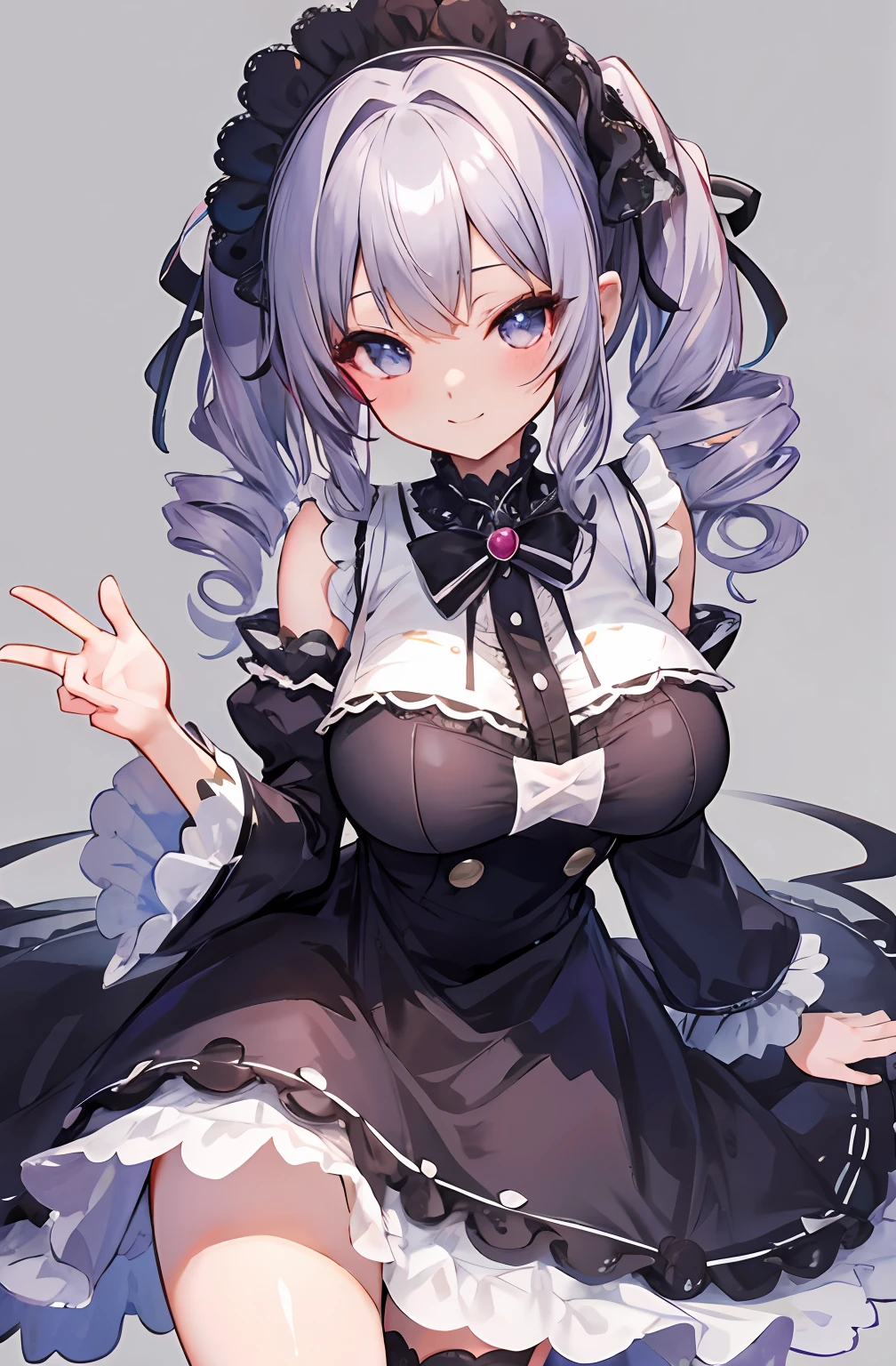 Best Quality, 4K, masutepiece :1.3), short ite pretty woman, silber hair、Twin-tailed、Curly hair、length hair、kawaii pose、A smile、Colossal tits、 Ultra-detailed face、Gothloli dresses、Gothic lolita、hide one eye、Detailed eyes, sluttish, Pose Seductive,  Smooth skin, (huge-breasted), Round breasts、red blush。