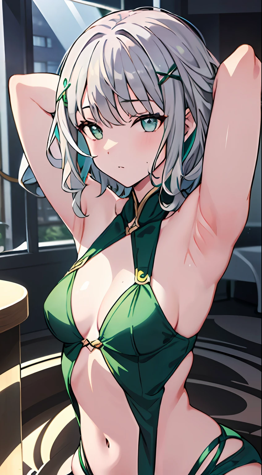 masterpiece, (top-quality), 1womanl,1girl in, Hi-Res, UI2, 1girl, 独奏, Very short hair, (Silver hair:1.2), (Gray eyes:1.4), X Hair ornament, striated hair,Small breasts, ((Short hair 1.2)), Gradient Hair,((blunt bang:1.2)), Dyed bangs, 1girl, (Emerald inner hair:1.2), short hair with long locks, multicolored eyes, O cabelo multicolorido, (Emerald green eyeliner:, (curly hair:1.2), Female sexy,vivd colour, natural soft light,RTX, , Beautiful fece, (详细的脸:1.2), showcase, (perfect eyes:1.1) ,(Photorealsitic:1.1), 8K UHD, Look at viewers, arms behind head, seiza