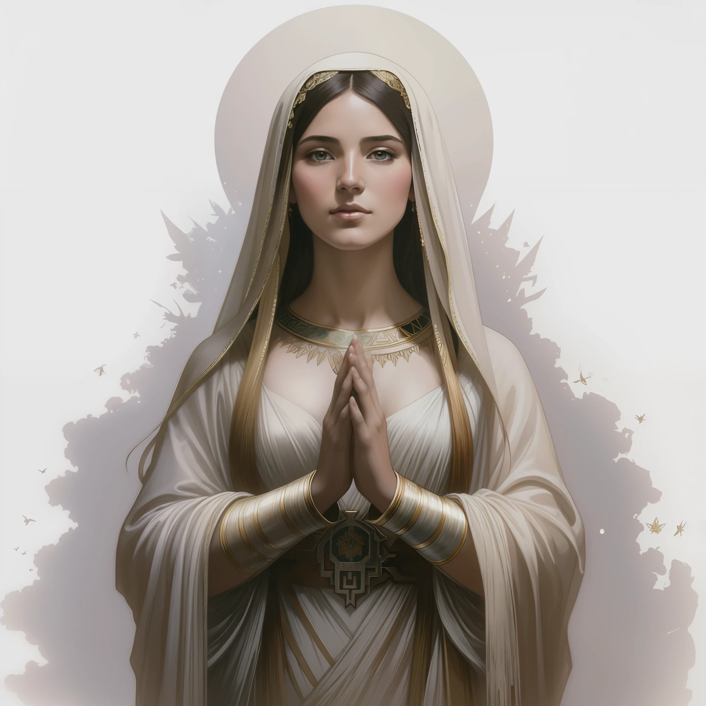 The Virgin Mary. MUJER CAUCASICA. 19 years old, DULCE Y LA INOCENTE MIRADA ANGELICAL, Alta calidad, obra maestra, rasgos faciales exquisitos, cabello exquisito, ojos exquisitos, cabello de color exquisito, calidad de imagen 4K, hermosa luz y sombra, efecto Tyndall, halo, cabello desordenado, estado joven, escena hermosa, ropa exquisita, cadenas, plumas, belleza antigua con ojos grandes muy detallados, pintura digital, artstation, arte conceptual, foco nítido, illustration, arte de greg rutkowski y alphonse mucha y victo ngai