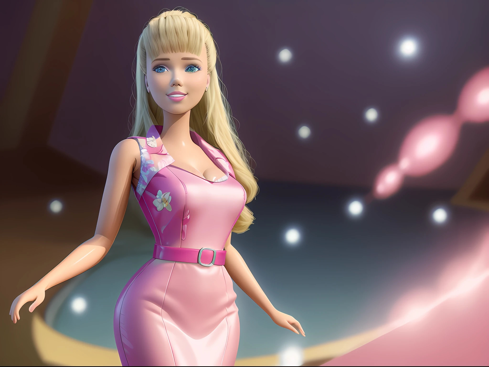 (masterpiece, best quality), highres, (8k, RAW photo, highest quality), (Scarlett Johansson as Barbie), (Scarlett Johansson faces:1.2), Scarlett Johansson, (blonde hair) , ultra-realistic, 3d, centered, (TS_Barbie), mid shot, (full body:1.2), a cartoon girl in solid PINK dress in the style of pixar, (perfect lighting and composition:1),soft lighting, (high detail, 8K resolution:1), hdr:0.7, detailed face, perfect, (dynamic), pose, (high quality:1.2), plastic skin, ((shiny:1.3)), smile, (depth of field:0.8), 50mm, film grain:0.7, fujifilmXT3, focus face, (sad:1.2), looking at viewer, detailed eyes, detailed face, floating particles, beautiful, light makeup, lipstick, (thick waist and thighs:0.6), amazing composition