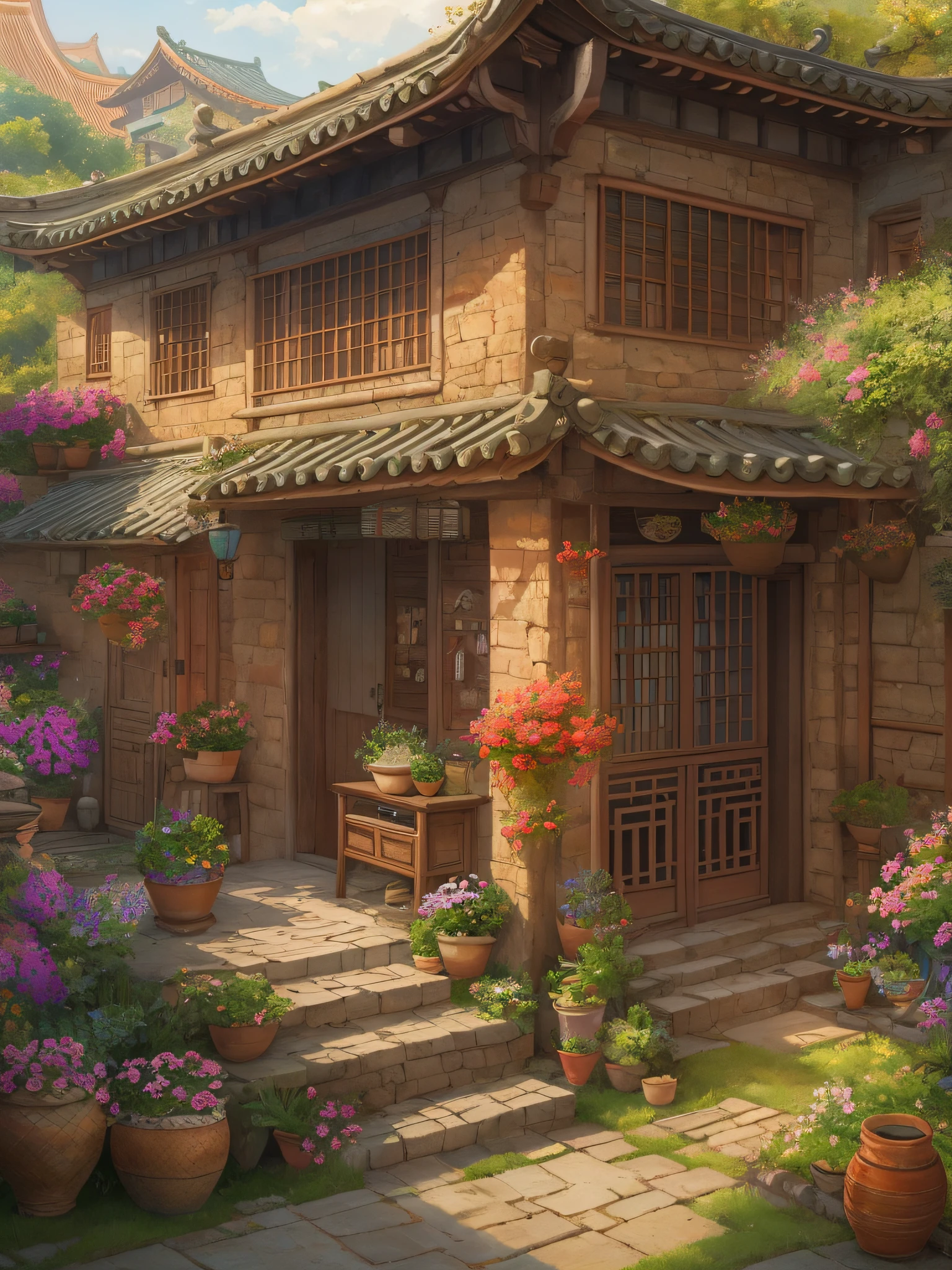 In the 80s of the 19th century, Rural China,Adobe brick house,One-story low house,There is a painting of a house with a patio and a table, Detailed scenery —width 672, immensely detailed scene, Multidimensional cozy little yard, highly detailed scenario, high detal), by Ni Yuanlu, hyper detailed scene, dreamy Chinese towns, courtyard, Beautiful rendering of the Tang Dynasty, high detal, 🌺 CGSesociety, realistic 3 d style,Inspired by the digital paintings of Guido Borrell da Caluso, deviantart contest winner, naive art, soothing and cozy landscape, cottagecore, idyllic cottage, cottagecore!!, cozy place, tomas kinkade, peaceful scene,Works of masters,Anime background art,ghibli studio art