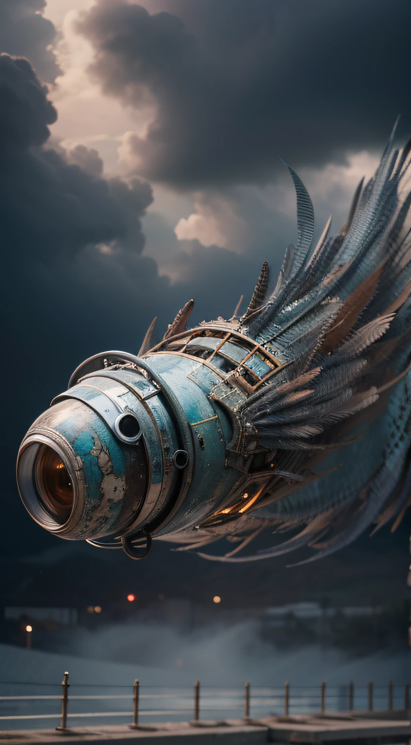 a heavily distorted, fading late evening heavily overcast sky, a singular object comprised of contorted feathers/machinery/pipes/rusted components is floating in the air, extra detail, 4kHD details, best resolution, surrealistic composition, extreme camera angle, motion blur, depth of field, foreshortening, tilted camera angle, cinematic lighting, movie scene, precise details, intense details, panoramic image, fish eye lens perspective view, INTENSE LENS FLARES