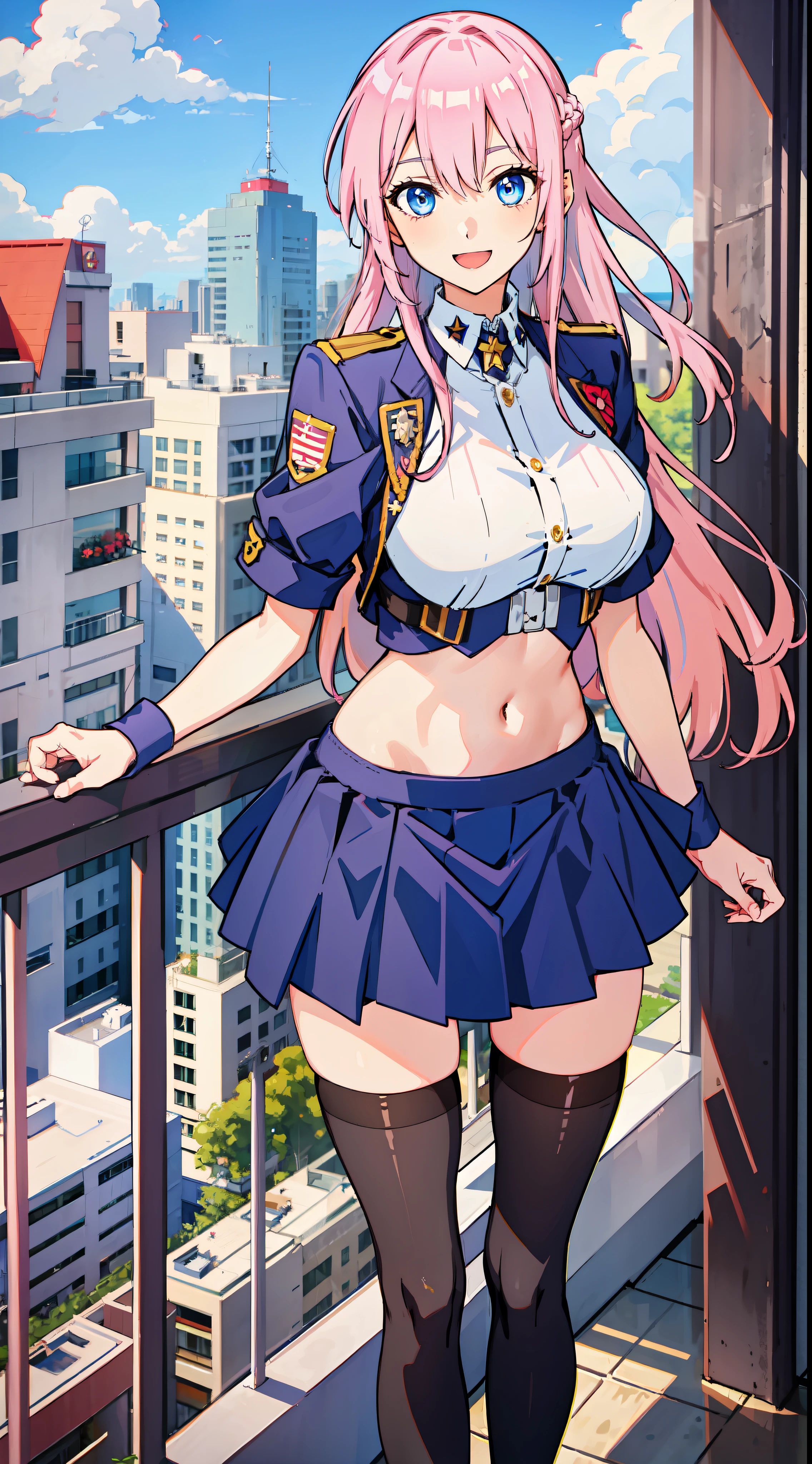 shikimori, slim legs, exposed navel, short skirt, beautiful eyes, blue eyes, happy, soldier uniform, pink hair, long hair, thigh high socks, balcony, full body,