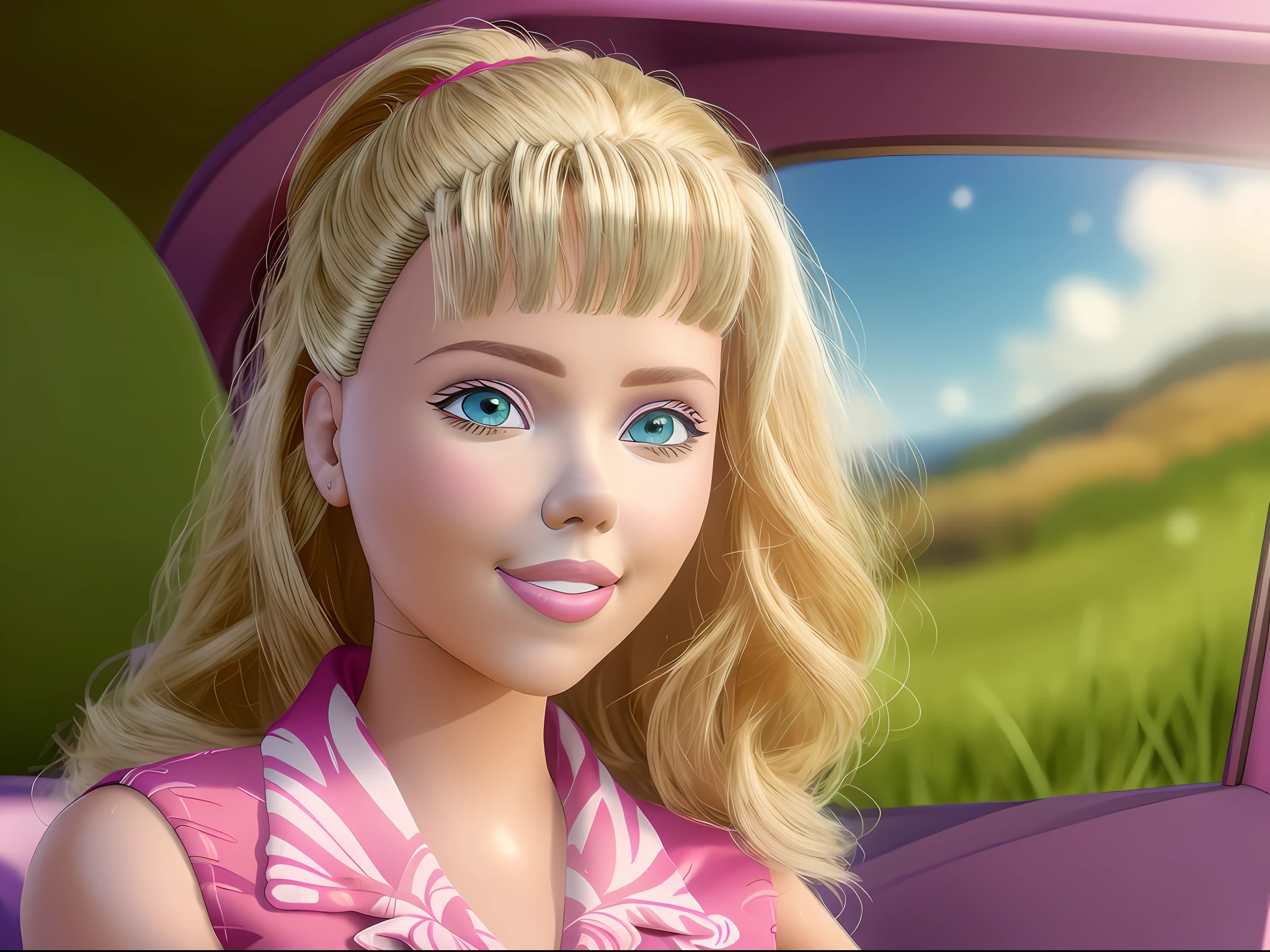 (masterpiece, best quality), highres, (8k, RAW photo, highest quality), (Scarlett Johansson as Barbie), (Scarlett Johansson faces:1.2), Scarlett Johansson, (blonde hair) , ultra-realistic, 3d, centered, (TS_Barbie), mid shot, (full body:1.2), a cartoon girl in solid PINK dress in the style of pixar, (perfect lighting and composition:1),soft lighting, (high detail, 8K resolution:1), hdr:0.7, detailed face, perfect, (dynamic), pose, (high quality:1.2), plastic skin, ((shiny:1.3)), smile, (depth of field:0.8), 50mm, film grain:0.7, fujifilmXT3, focus face, (sad:1.2), looking at viewer, detailed eyes, detailed face, floating particles, beautiful, light makeup, lipstick, (thick waist and thighs:0.6), amazing composition