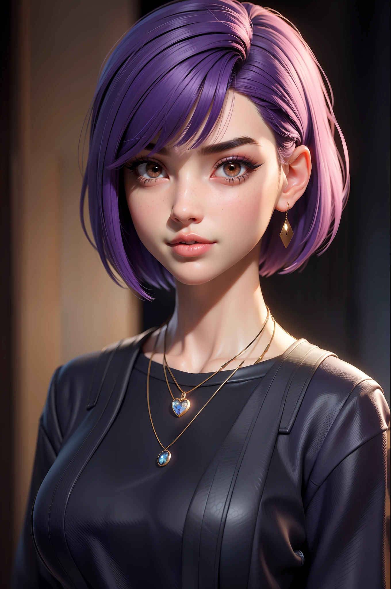 masterpiece, best quality, 3d rending work, 3DMM style, close-up, portrait, 3d, solo, purple hair, necklace, freckles, jewelry, two-tone hair, looking to the side, realistic, upper body, coffee shop and rainy outside background, bangs, looking away, ultra short hair, lips parted, brown eyes, lips, makeup, mole, suit