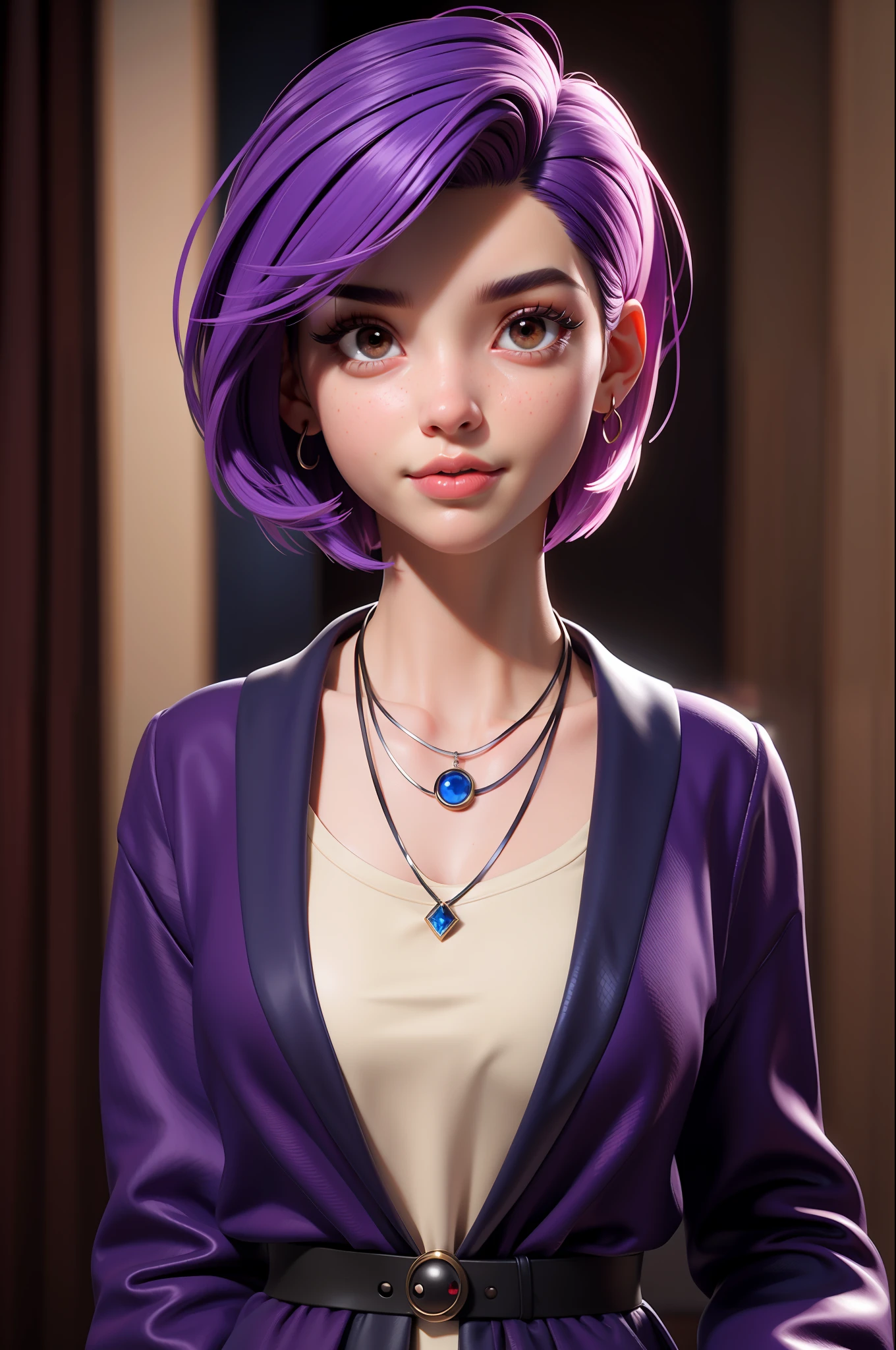 masterpiece, best quality, 3d rending work, 3DMM style, close-up, portrait, 3d, solo, purple hair, necklace, freckles, jewelry, two-tone hair, looking to the side, realistic, upper body, coffee shop and rainy outside background, bangs, looking away, ultra short hair, lips parted, brown eyes, lips, makeup, mole, suit
