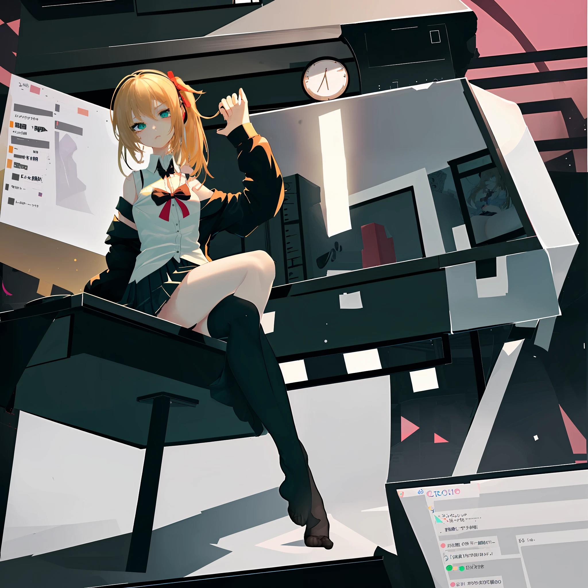 an anime girl sitting on top of a desk, 1girl, solo, long hair, black skirt, shirt, thighhighs, sleeveless shirt, sitting, sleeveless, pleated skirt, looking at viewer, indoors, off shoulder, collared shirt, open clothes, , black thighhighs, green eyes, desk, bowtie, shy, bow,1girl, Cecilia,more_details:-1, more_details:0, more_details:0.5, more_details:1, more_details:1.5