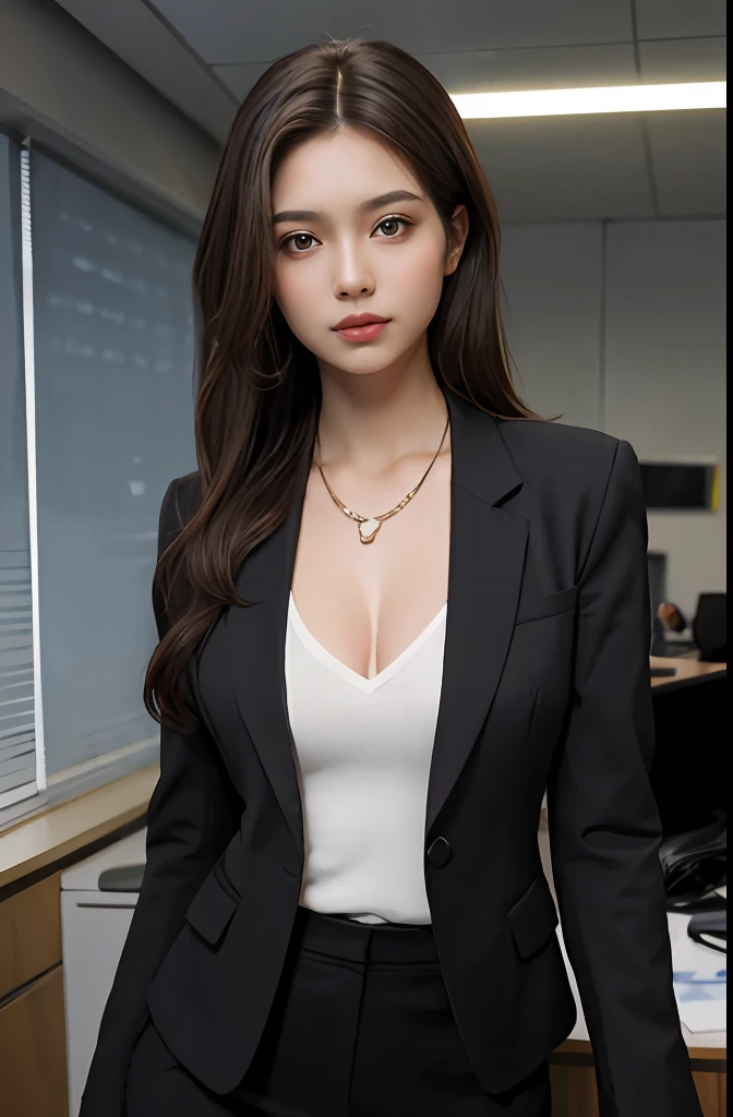 A woman, brown hair, brown eyes, shapely body, long hair, hair parted in the middle, straight hair, in a suit, in an office, office outfit, detailed body, detailed eyes, masterpiece, best quality, high quality, camera raw, realistic, real person