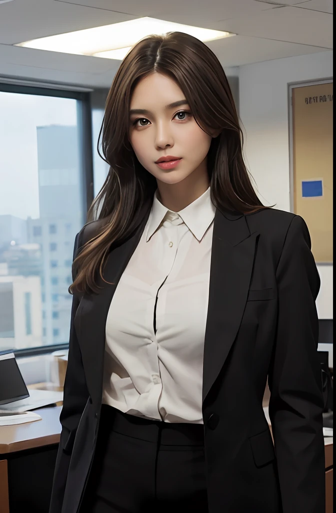 A woman, brown hair, brown eyes, shapely body, long hair, hair parted in the middle, straight hair, in a suit, in an office, office outfit, detailed body, detailed eyes, masterpiece, best quality, high quality, camera raw, realistic, real person