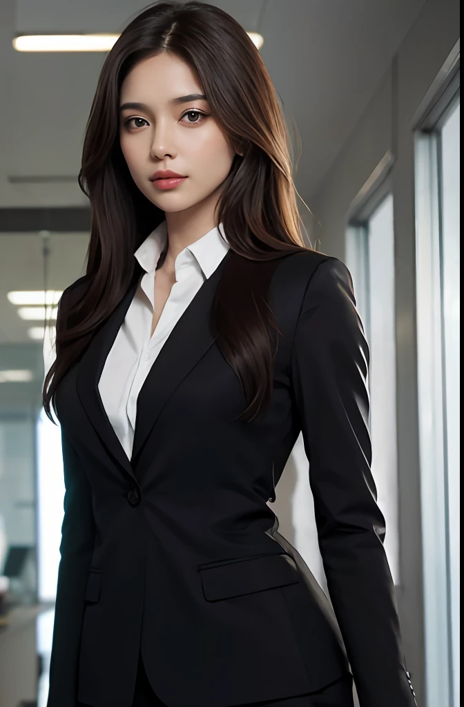 A woman, brown hair, brown eyes, shapely body, long hair, hair parted in the middle, straight hair, in a suit, in an office, office outfit, detailed body, detailed eyes, masterpiece, best quality, high quality, camera raw, realistic, real person