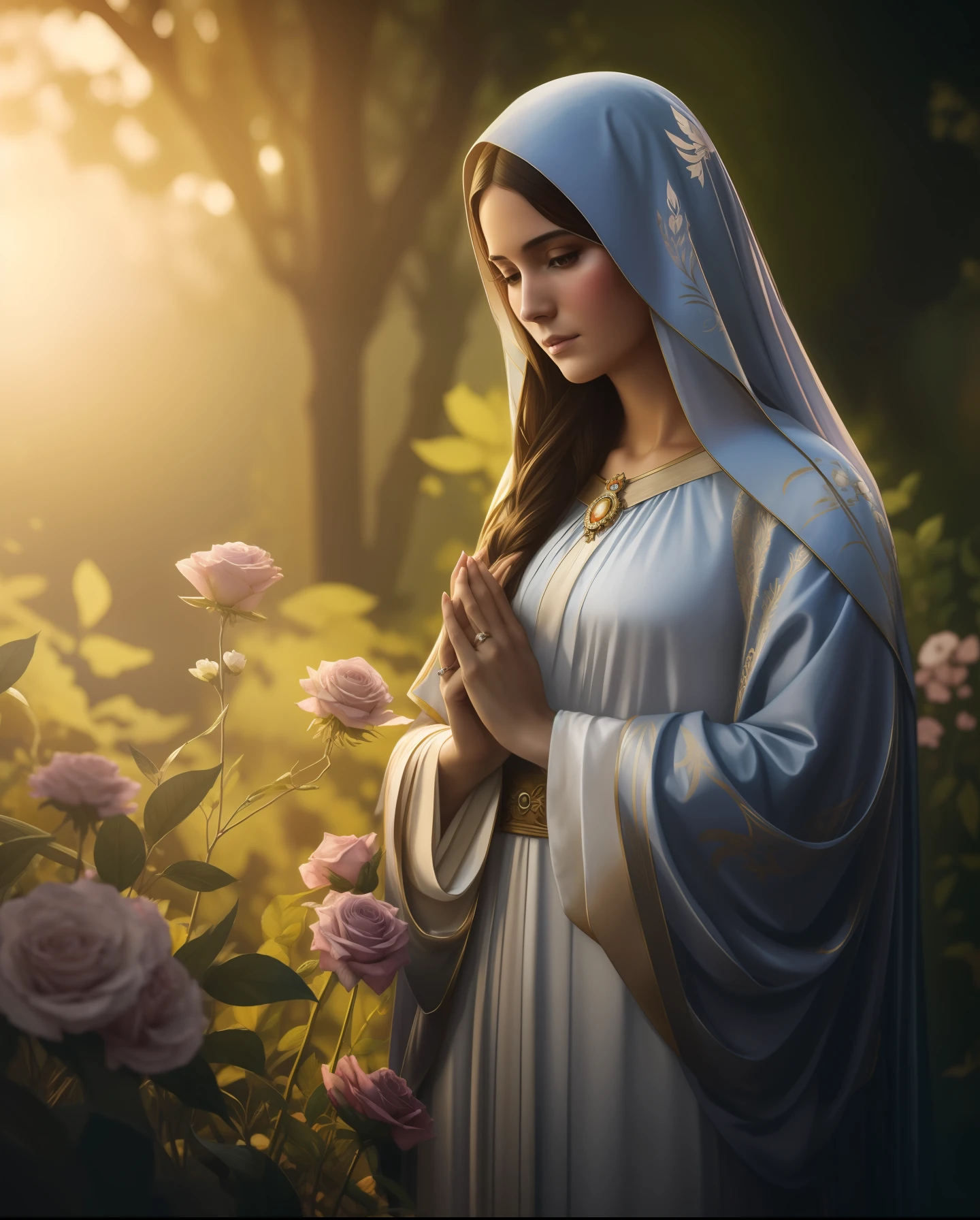 The Virgin Mary. MUJER CAUCASICA. 19 years old, DULCE Y LA INOCENTE MIRADA ANGELICAL, Alta calidad, obra maestra, rasgos faciales exquisitos, cabello exquisito, ojos exquisitos, cabello de color exquisito, calidad de imagen 4K, hermosa luz y sombra, efecto Tyndall, halo, cabello desordenado, estado joven, escena hermosa, ropa exquisita, cadenas, plumas, belleza antigua con ojos grandes muy detallados, pintura digital, artstation, arte conceptual, foco nítido, illustration, arte de greg rutkowski y alphonse mucha y victo ngai