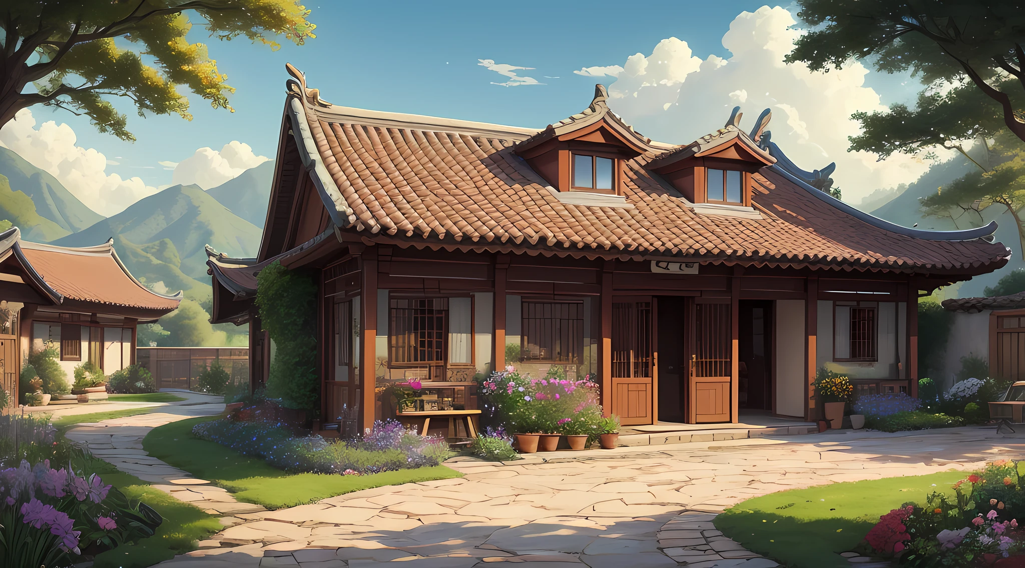 The courtyard of a Chinese village house in the 80s,The table in the middle is filled with vegetables and fruits,Inspired by the digital paintings of Guido Borrell da Caluso, deviantart contest winner, naive art, soothing and cozy landscape, cottagecore, idyllic cottage, cottagecore!!, morning time, Calm summer, cozy place, Flowers and plants were planted in the yard, tomas kinkade. Lovely comfortable room, peaceful scene,Works of masters,Anime background art,ghibli studio art