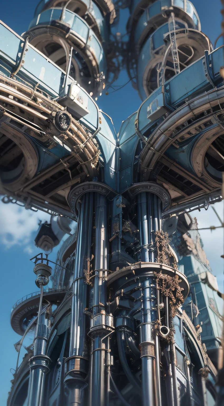 a heavily distorted, fading late morning clear sky, a singular object comprised of contorted feathers/machinery/pipes/rusted components is floating in the air, steel strings weave into each other, extra detail, 4kHD details, best resolution, surrealistic composition, extreme camera angle, motion blur, depth of field, foreshortening, tilted camera angle, cinematic lighting, movie scene, lens flare, fisheye lens perspective view, randomly placed 2D black squares hang in the sky