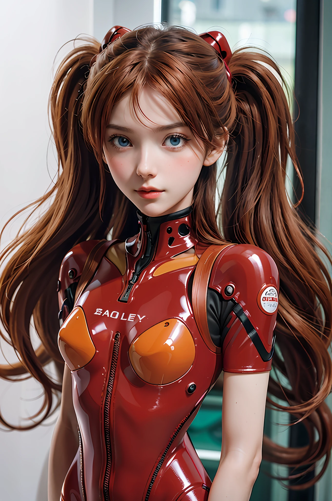 (Real))))Photos, ((Full Body:1.1)), Best Quality, 1 woman, Ultra Detailed Face, Detailed Lips, Detailed Eyes, Double Eyelids, Beautiful Face, Beautiful Eyes, (Red Bodysuit, Red Latex), (Glossy), Orange Hair, Twintails, Thin Waist, Best Quality, Pale Skin, Su-Liu Aska Langle, Plug Suit 02, Black Background, (Face and Eye Details:1.1) , self-righteous, blush, ((shy)), very delicate and beautiful girl, dynamic pose, (to8contrast style),