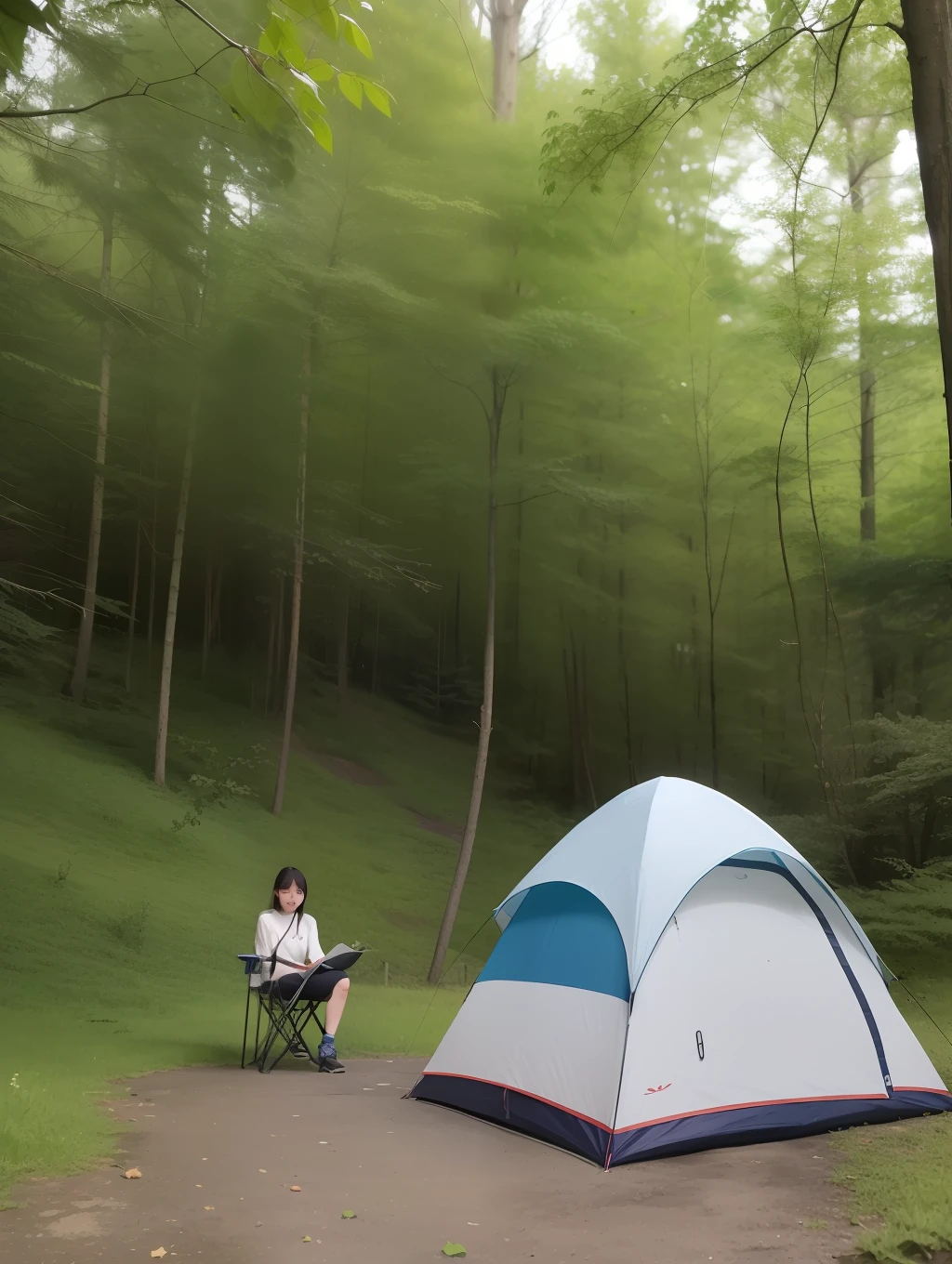 A Korean woman do camping alone in the wood.