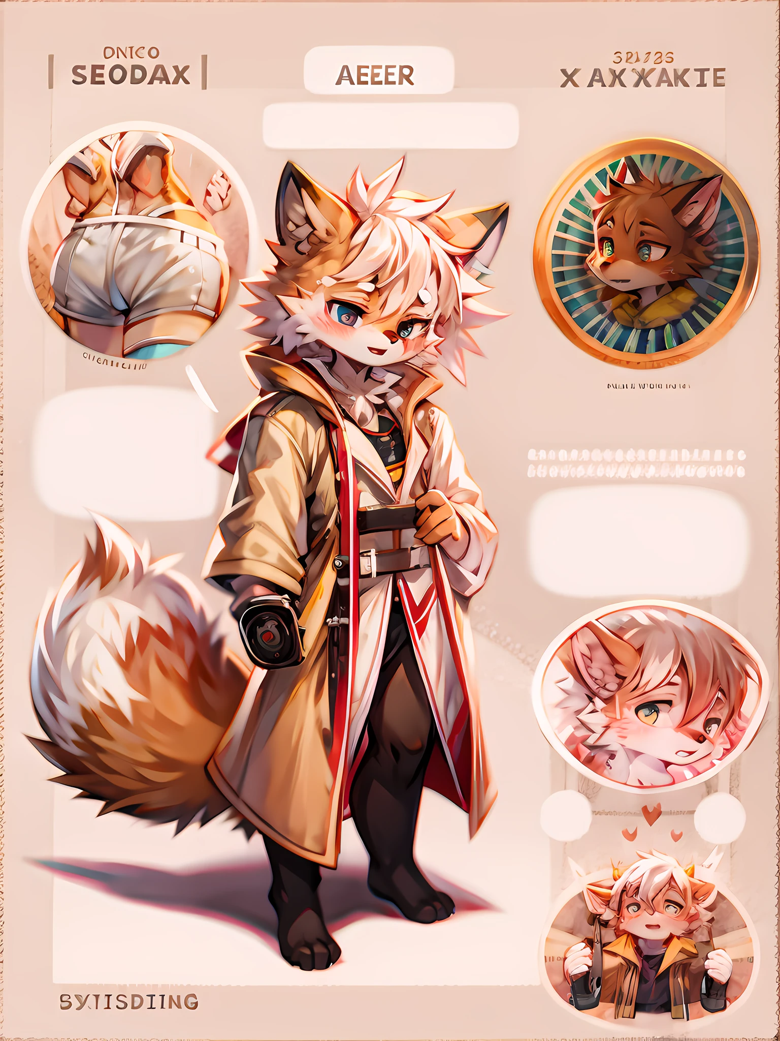 (Character focus:red fox，Fox male，Small figure，Full body fur，White hair，White eyebrows，eyes with brightness，Clear eyes，Heterochromic eyes，There is a pink prismatic mark at the center of the eyebrow，Uniform arm，Defined palms，There is a big white furry tail，Wear a sweatshirt，weights:0.6)，(Scene focus:In a cozy room，Bright room，sit on chair，weights:0.4)