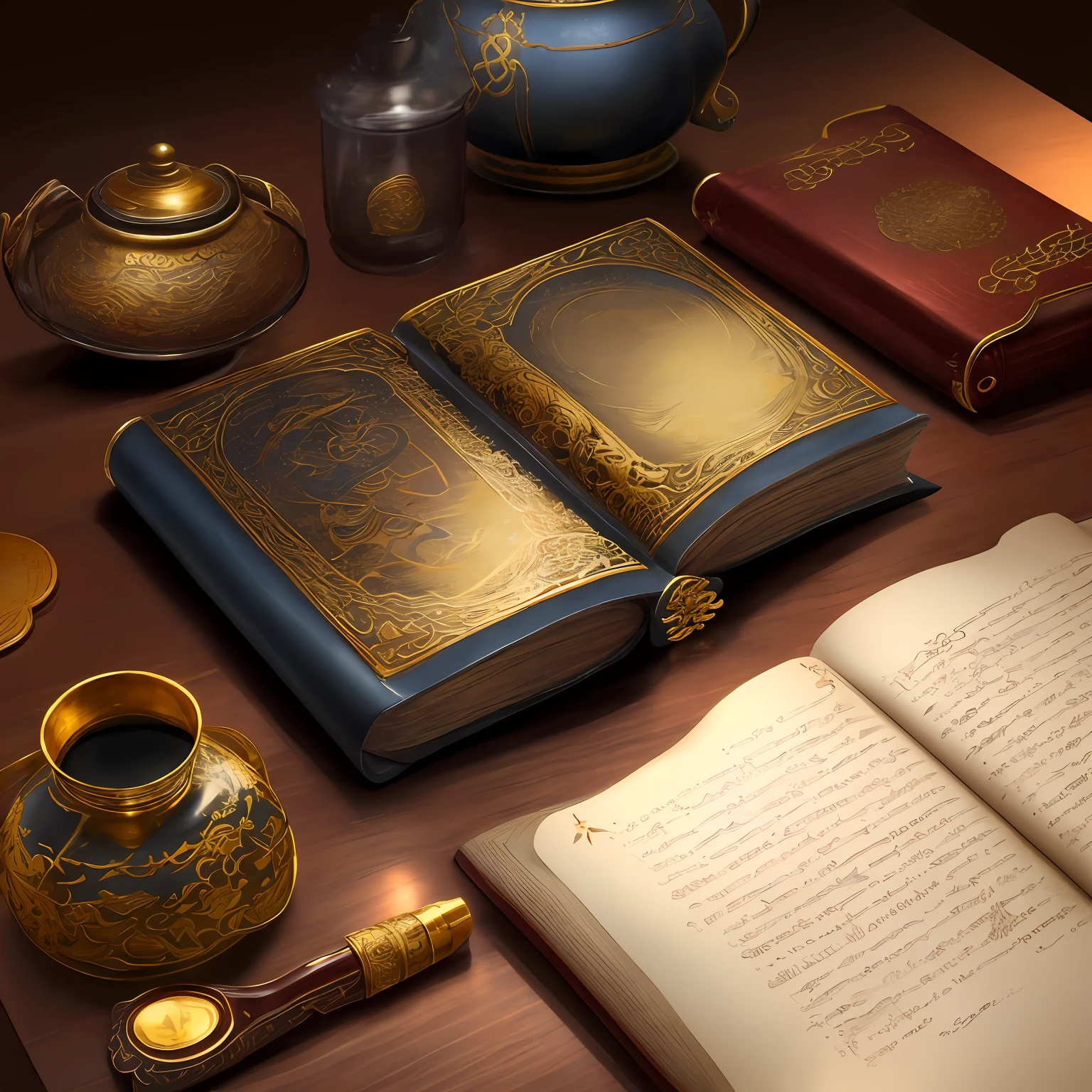 Beautiful leather book,Metal edging,There are also gilded words on the paper,Exudes magic。This book is closed,Lying on a mahogany table,There are also inkwells and quill pens on the table。