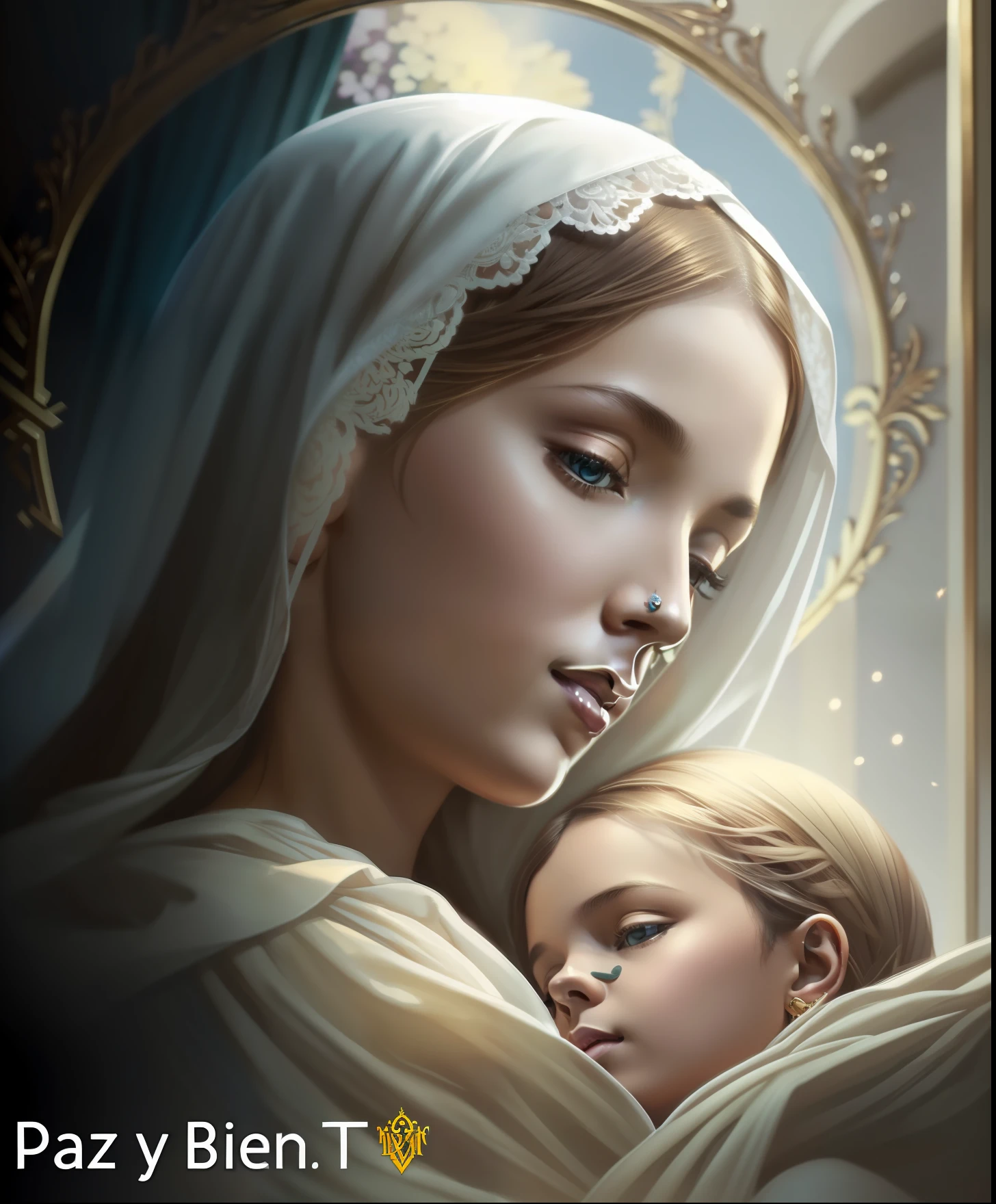 The Virgin Mary AND CHILD JESUS. MUJER CAUCASICA. 19 years old, DULCE Y LA INOCENTE MIRADA ANGELICAL, Alta calidad, obra maestra, rasgos faciales exquisitos, cabello exquisito, ojos exquisitos, cabello de color exquisito, calidad de imagen 4K, hermosa luz y sombra, efecto Tyndall, halo, cabello desordenado, estado joven, escena hermosa, ropa exquisita, cadenas, plumas, belleza antigua con ojos grandes muy detallados, pintura digital, artstation, arte conceptual, foco nítido, illustration, arte de greg rutkowski y alphonse mucha y victo ngai