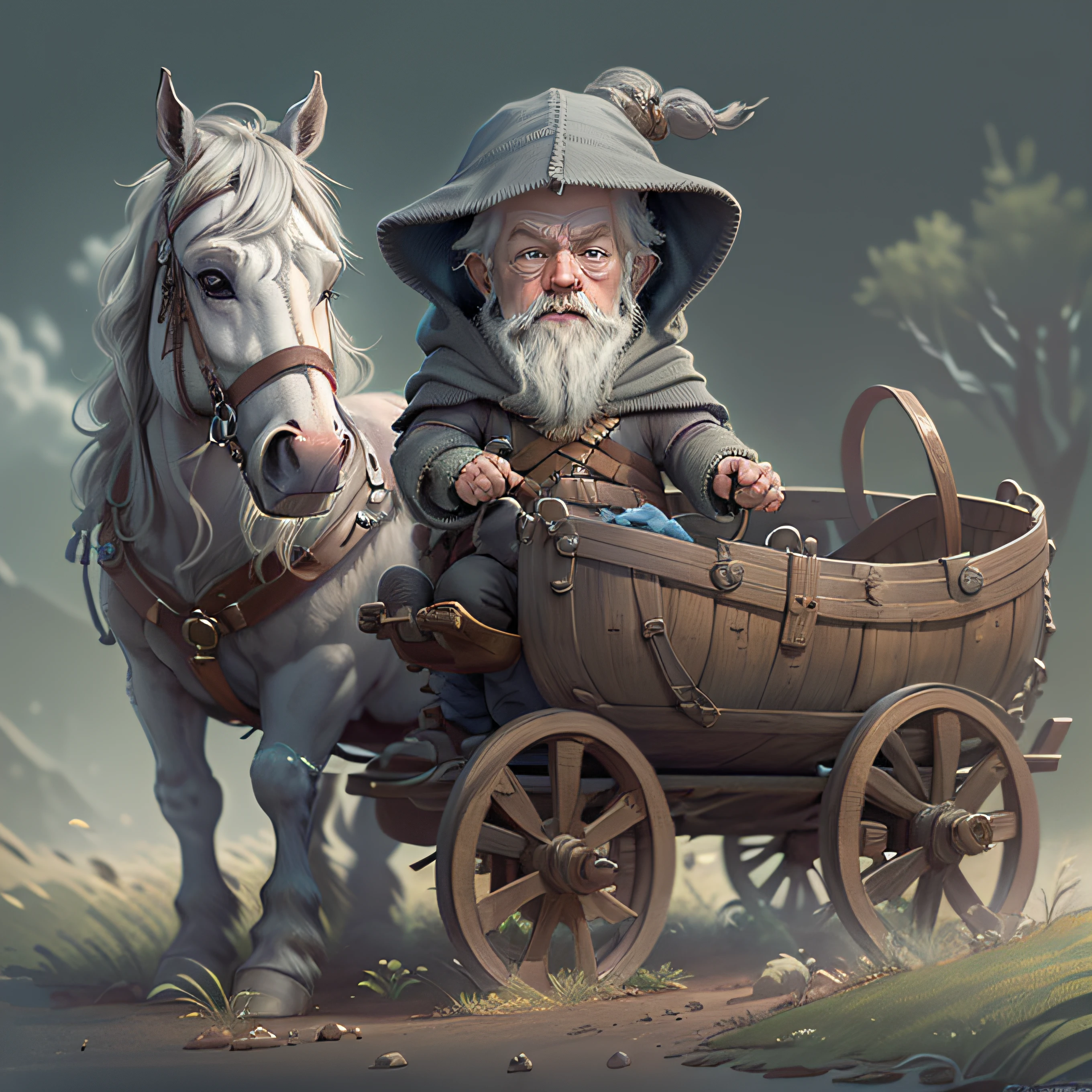 (cbzbb:1.25), portrait of (((cutest Baby Ian McKellen's Gandolf the gray wizard))), (((Gray hair))) (((Gray beard))) (((hood up))) (((in wagon pulled by a horse))) (((cute baby illustration))), (((in the Shire))), artstation, CGI_Animation,
