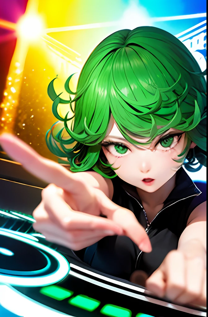 "A solo shot featuring tatsumaki a DJ, showcasing her skills on the turntables at a vibrant rave."