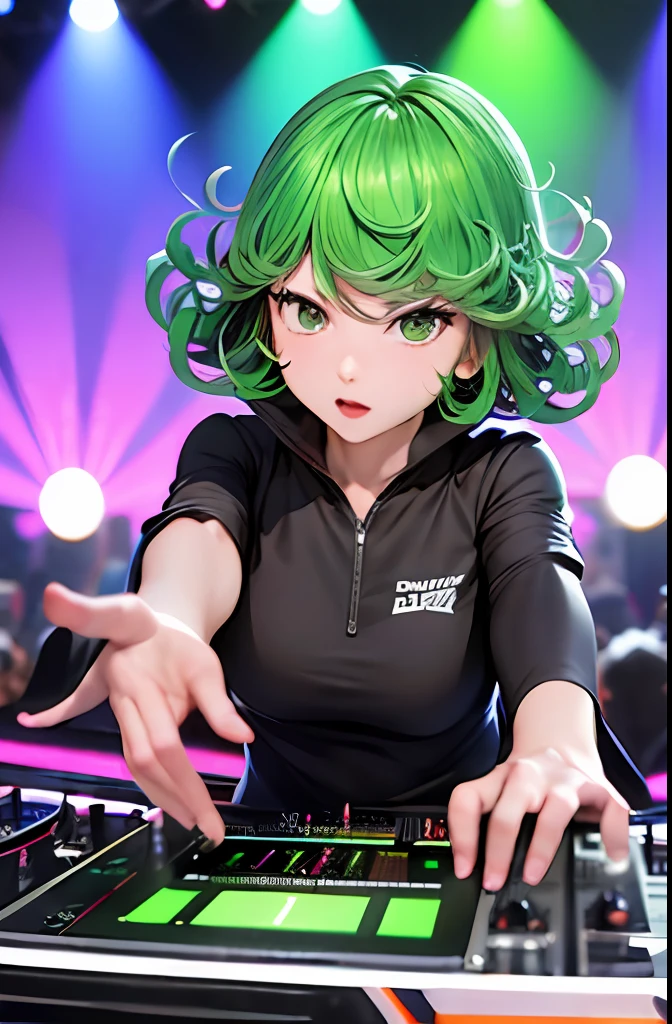 "A solo shot featuring tatsumaki a DJ, showcasing her skills on the turntables at a vibrant rave."