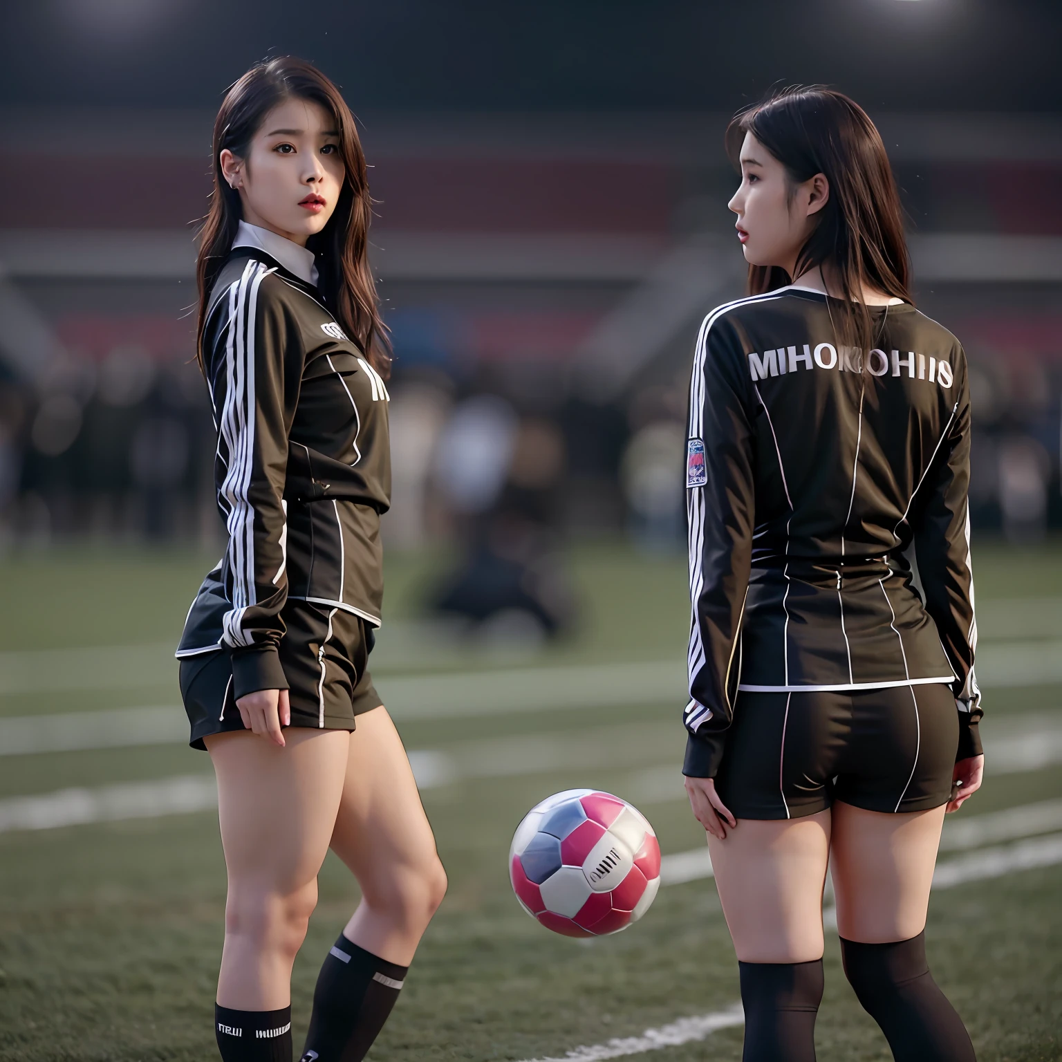 nikon RAW photo,8 k,Fujifilm XT3,photorealistic,realistic, solo, photorealistic, best quality, ultra high res, (skin spots:0.1) hot expression, , standing against a soccer field, woman football tight sexy suit, football lady clothes, masterpiece, best quality, extremely detailed face, perfect lighting, solo,1girl, sexy sight best quality, ultra high res, photorealistic, ultra detailed, masterpiece, best quality, iu1, tiny nice butt, photoshoot