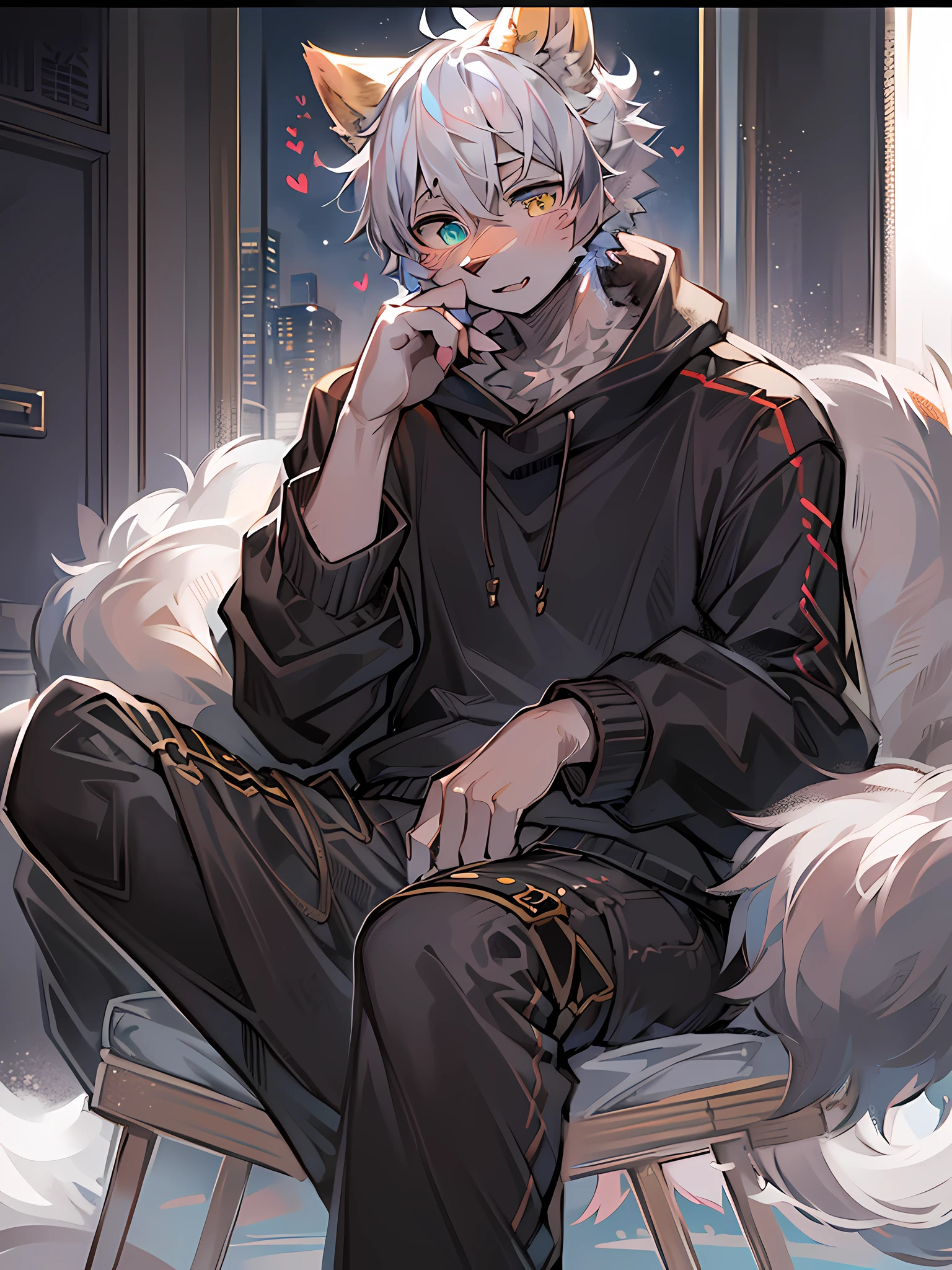 (ambiente dark:0.8),masterpiece,high quality,abstract res,digital painting\(artwork\), by dagasi, yupa,kiyosan,(anthro,fluffy fur,character focus:1.1),anthro male cat,short hair,portrait , eyes with brightness, in a panoramic view, Character focus.(detailedbackground:0.7), 独奏, shaggy, shaggy male, malefocus, anthr,(Full Body Furry, Fluffy tail, White fur, Heterochromic eyes, Gray hair:1.2), (long canines、Orc symbaroum、Sweatshirt:1.2),(interiors、the night、sobu、chair:1.1)