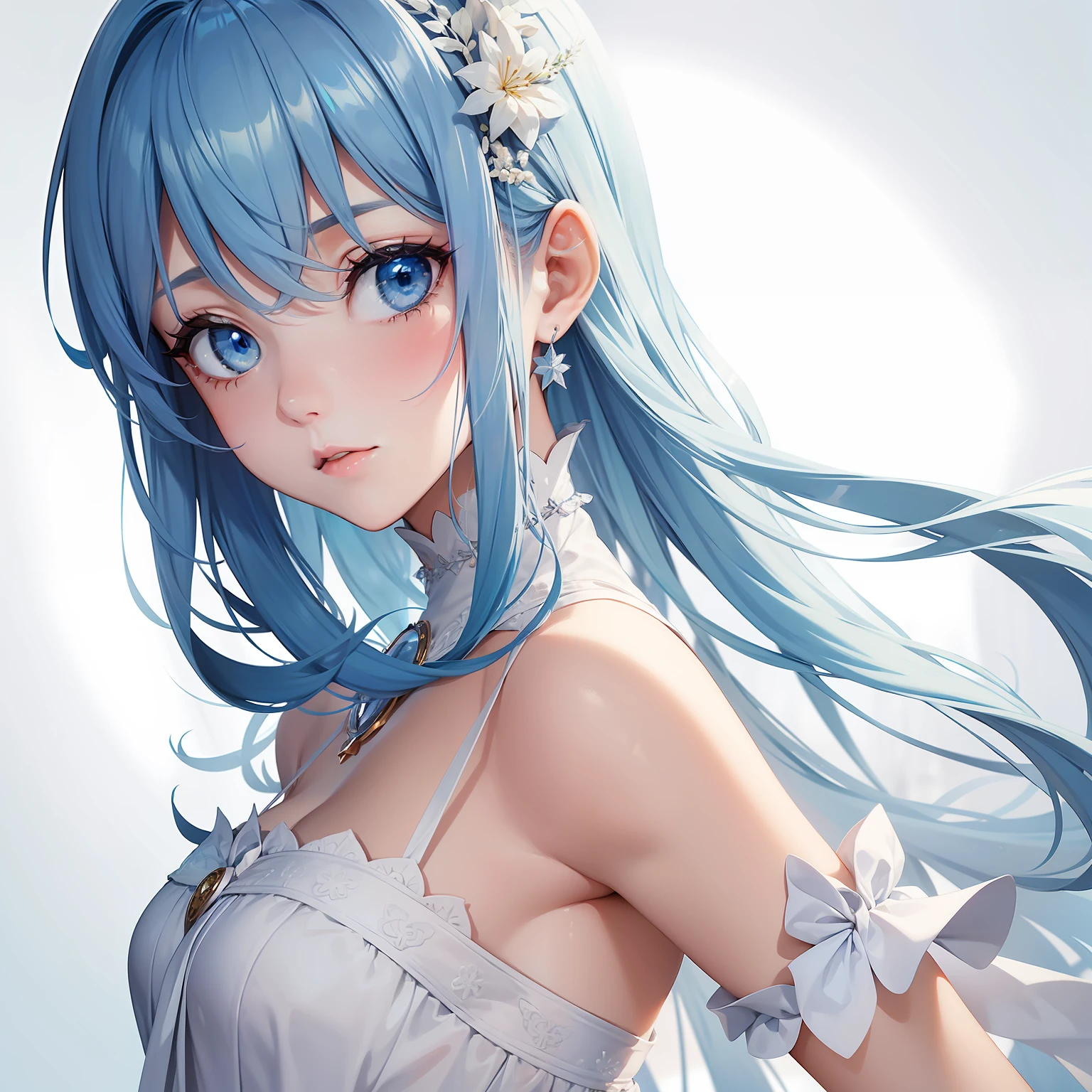 a women, blue hair, blue eyes, white dress