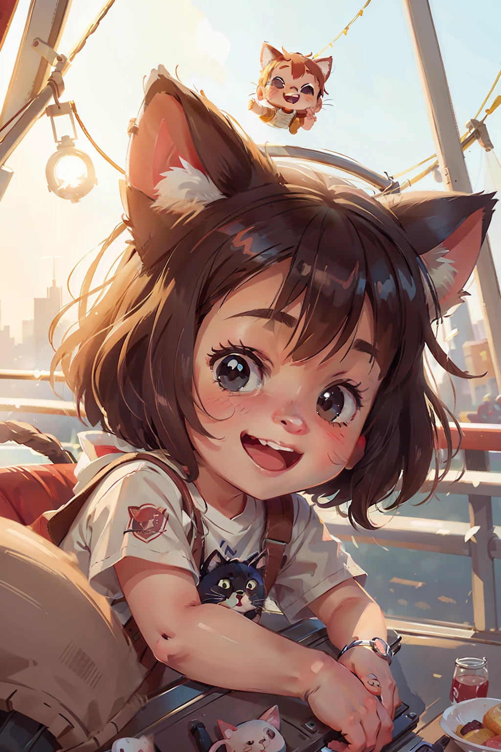 Happy child with cat ear on Ferris wheel